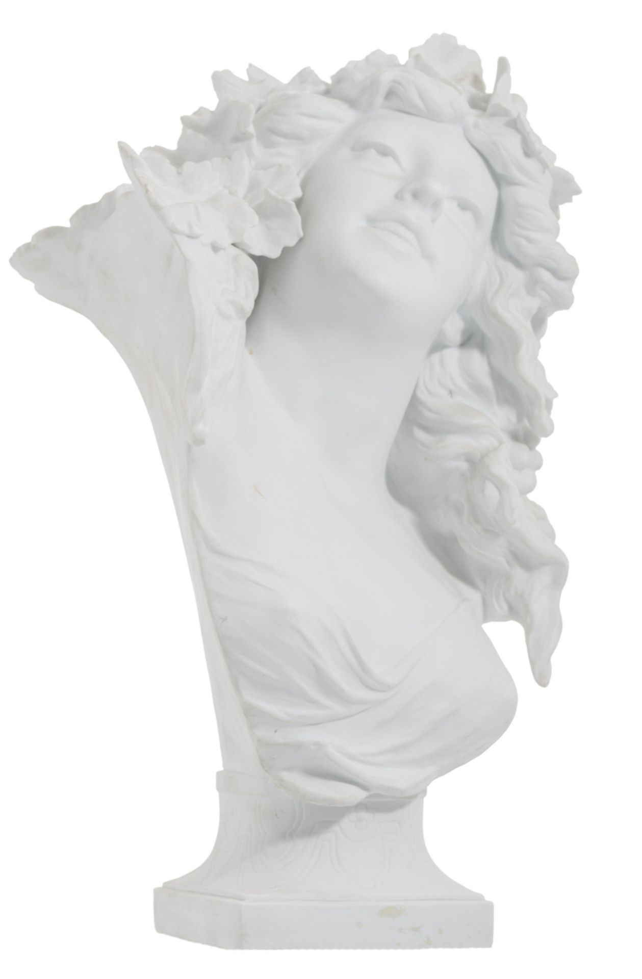 Lecorney, a biscuit bust of a bacchante, marked 'E.B. Paris', H 47 cm