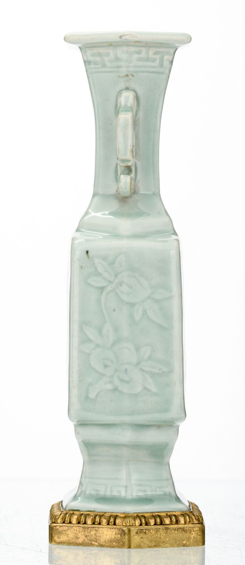 A Chinese celadon ground hexagonal vase, incised with floral and key pattern motifs, the roundels - Image 2 of 6