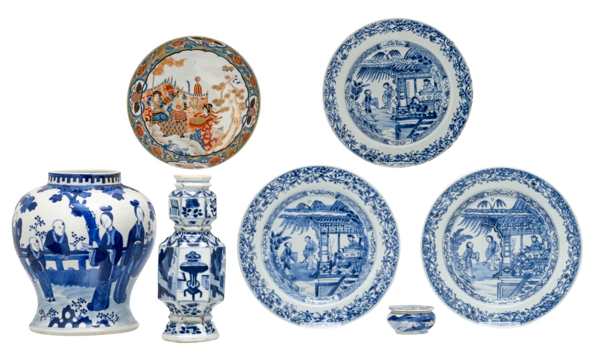 Various Chinese blue and white decorated porcelain items depicting figures in different