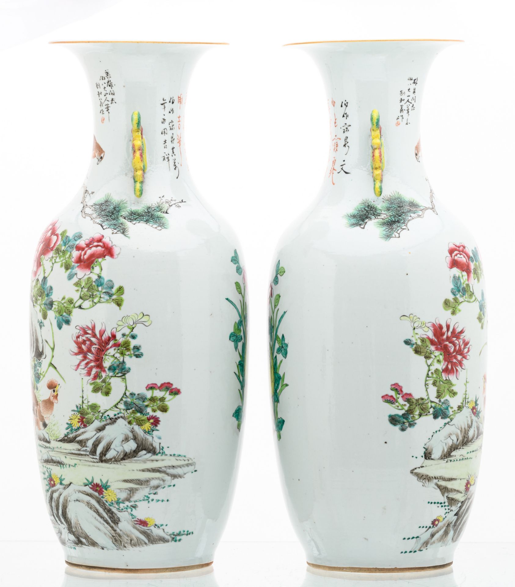 A pair of Chinese famille rose and polychrome decorated vases, one side with a rooster, a bird of - Image 4 of 6