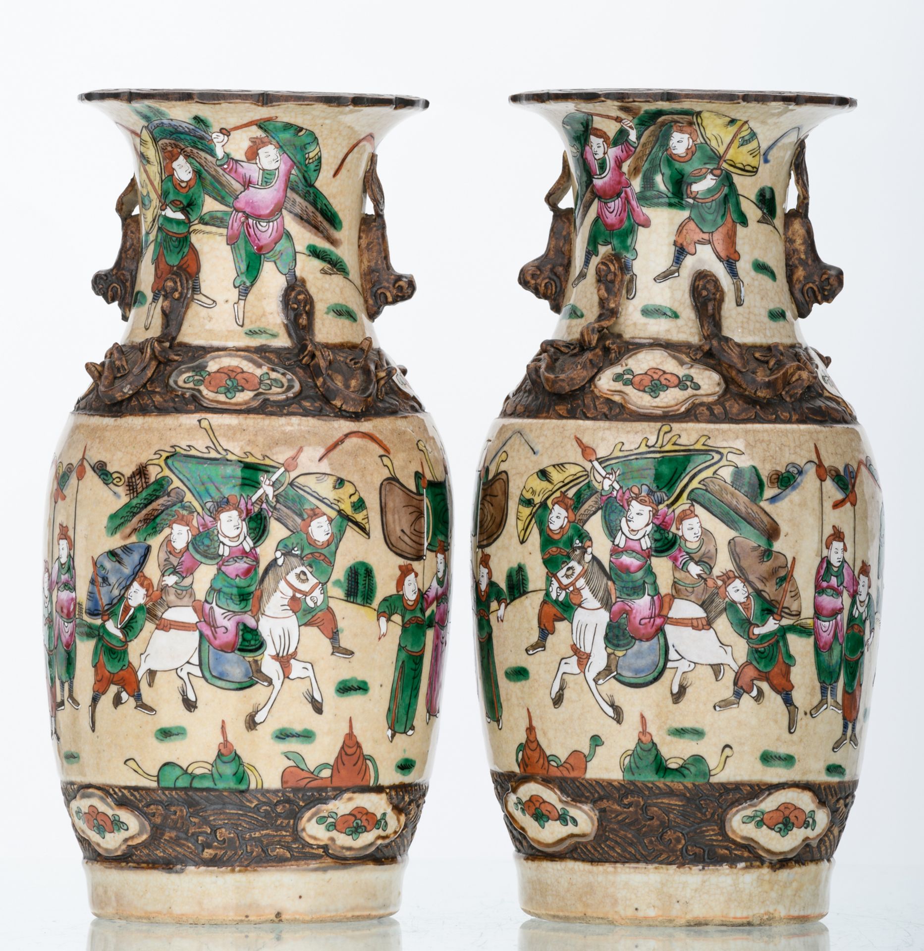 A pair of Chinese stoneware vases, overall polychrome decorated with warriors, marked, about 1900, H - Image 4 of 6