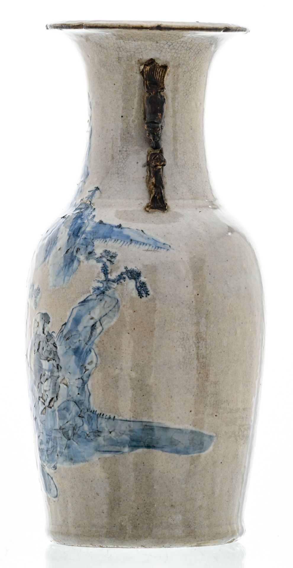 A Chinese grey celadon ground blue and white decorated stoneware vase with figures in a - Image 2 of 6