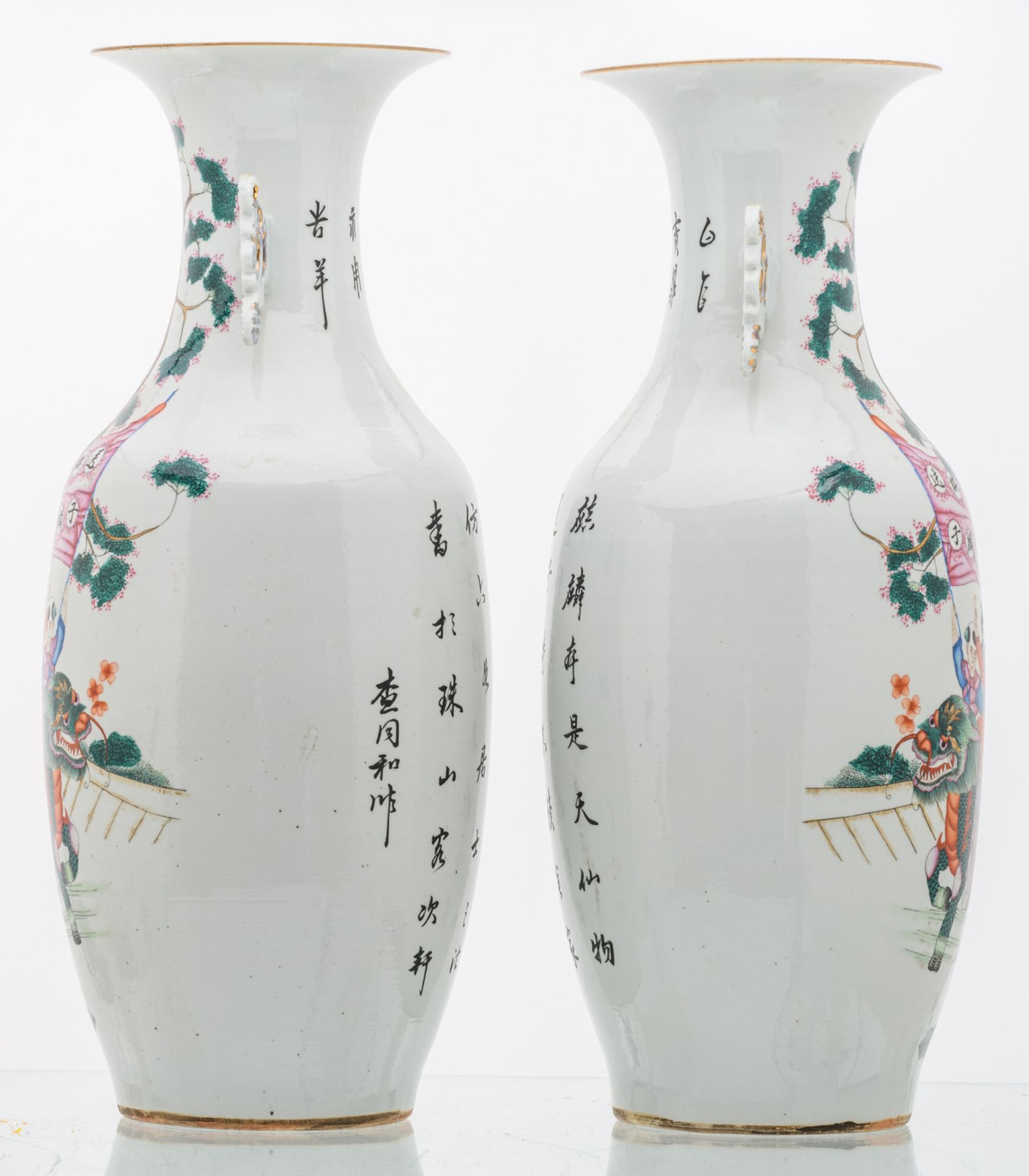 A pair of Chinese famille rose decorated vases with figures in a cortege and calligraphic texts, H - Image 4 of 6