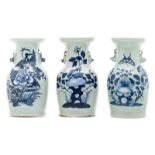 Three Chinese celadon ground blue and white decorated vases with rocks, flower branches, a butterfly