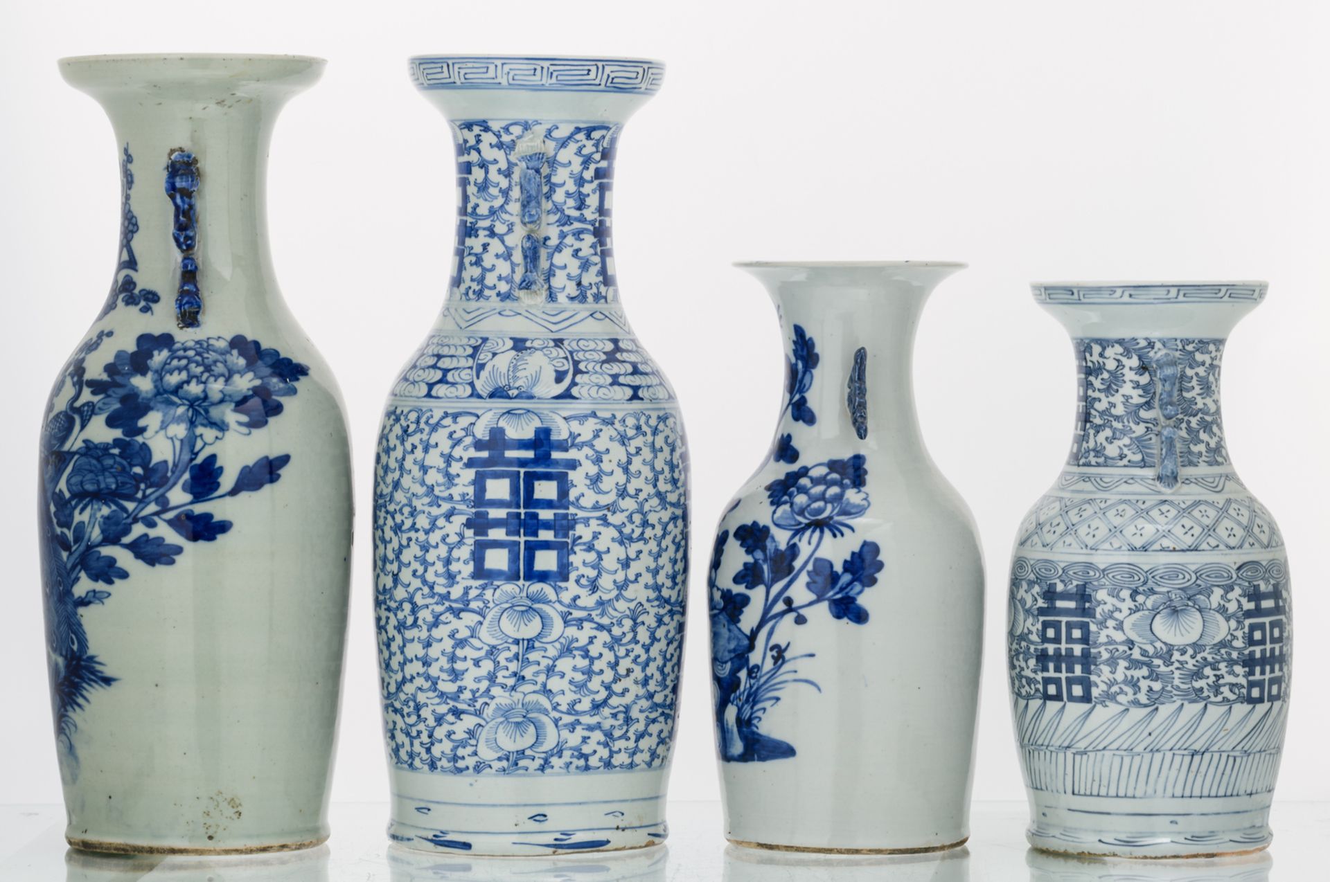 Four Chinese celadon ground vases, blue and white decorated with birds, flower branches and - Image 2 of 8