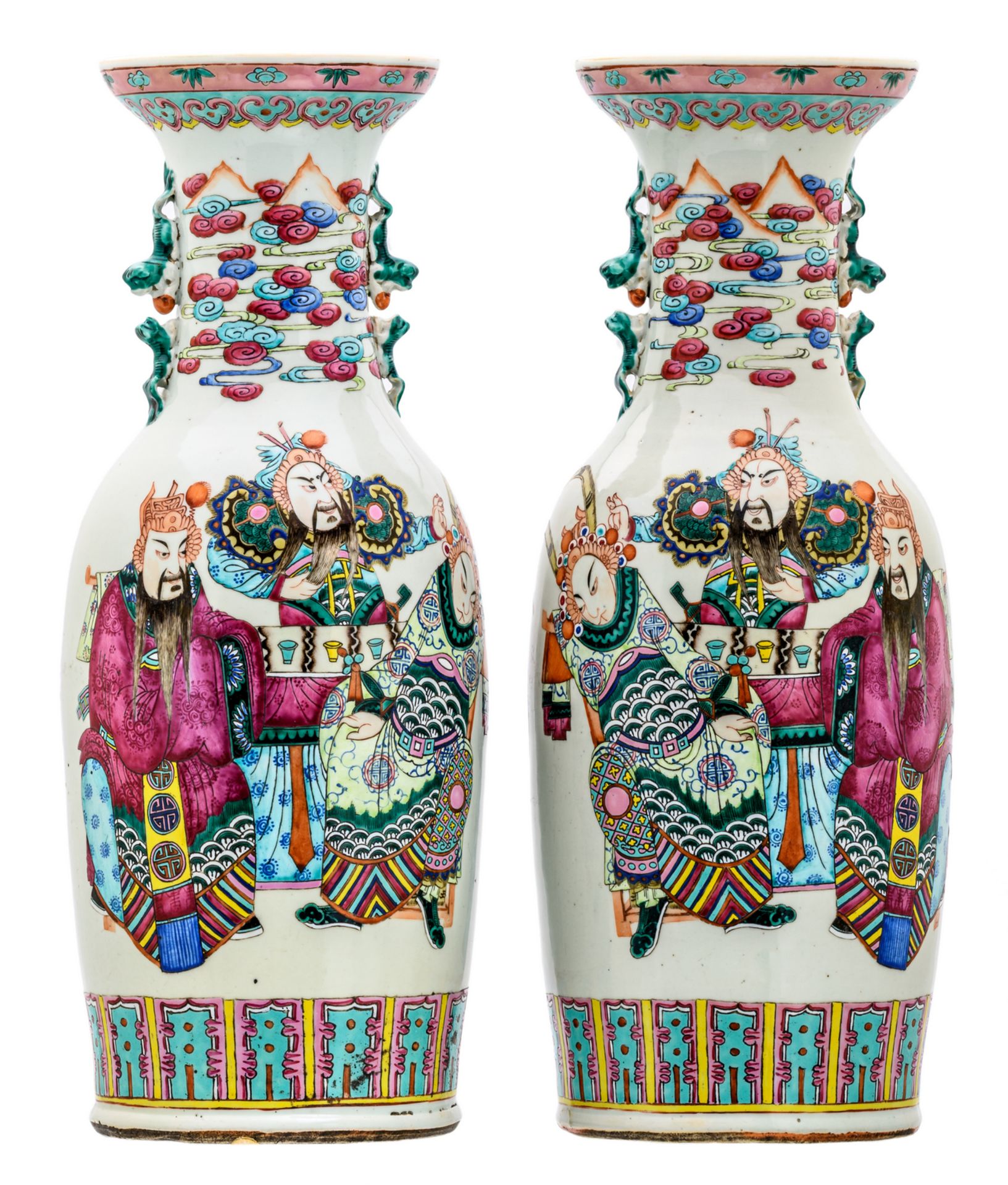 A pair of Chinese famille rose and polychrome decorated vases with figures and bats, 19thC, H 59,5