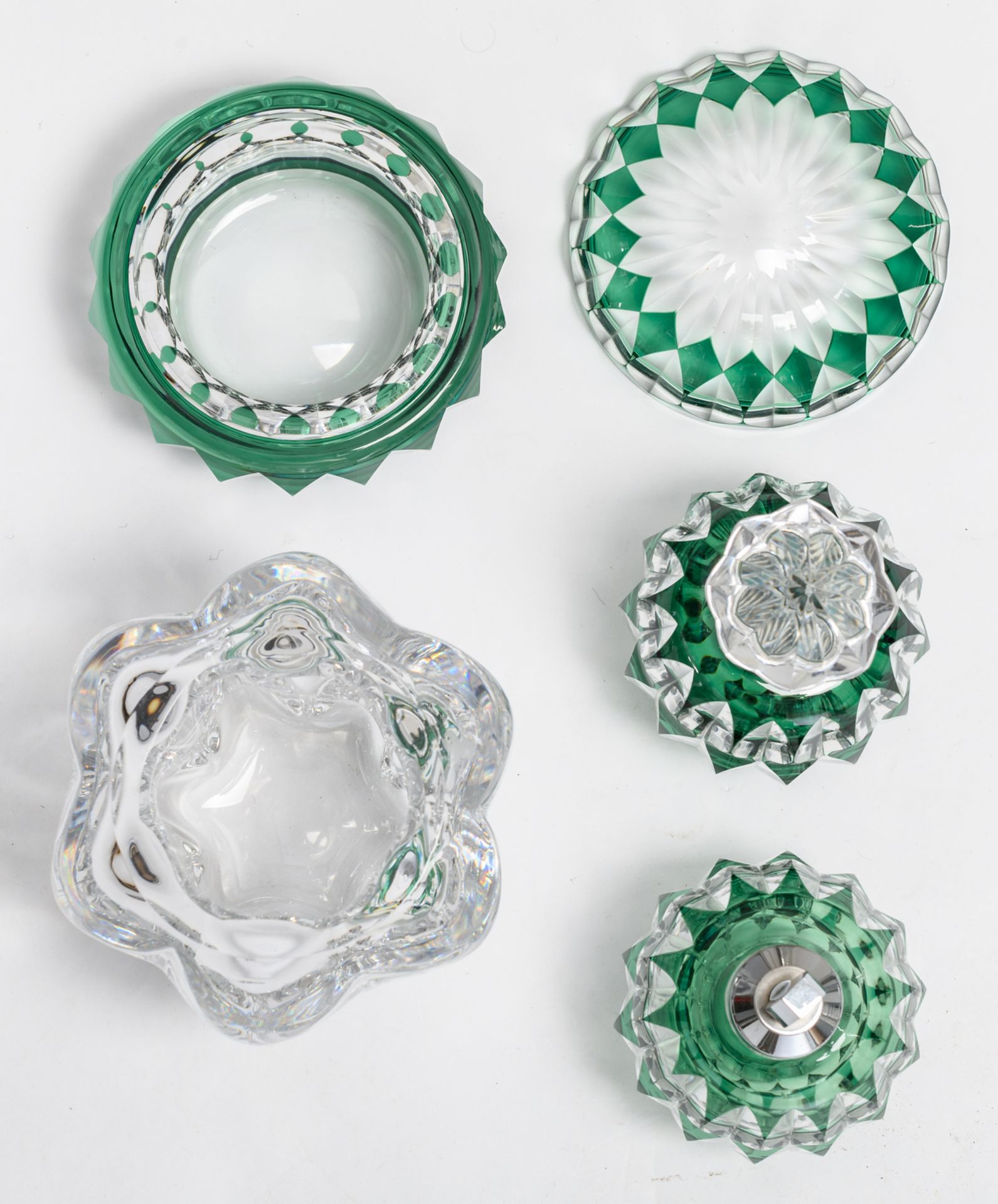 Two glass girandoles; added eight green overlay Val-Saint-Lambert crystal cut decorative items and - Image 12 of 19