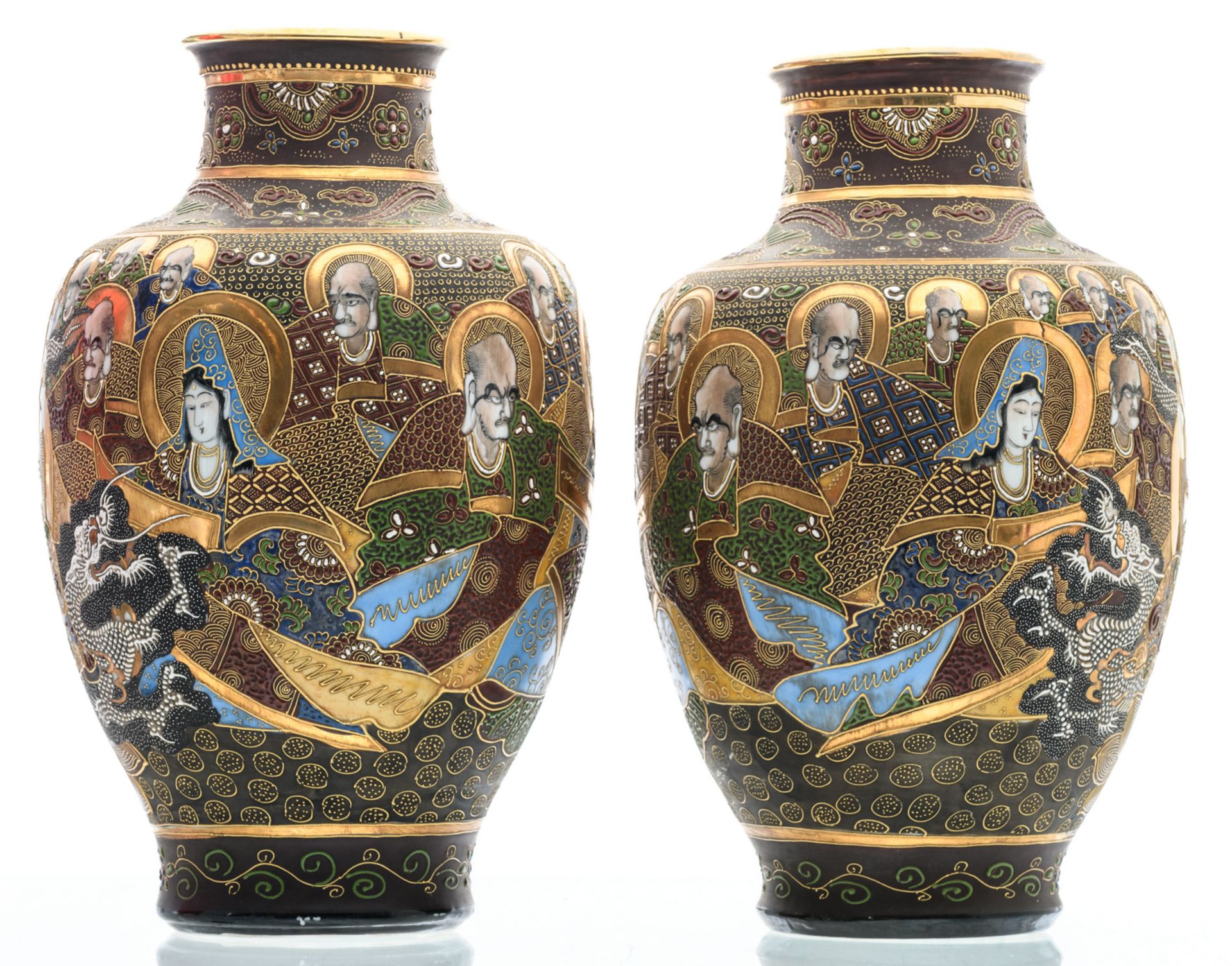 Two Japanese baluster shaped Satsuma vases, overall decorated with various deities, marked, Meiji - Image 4 of 6