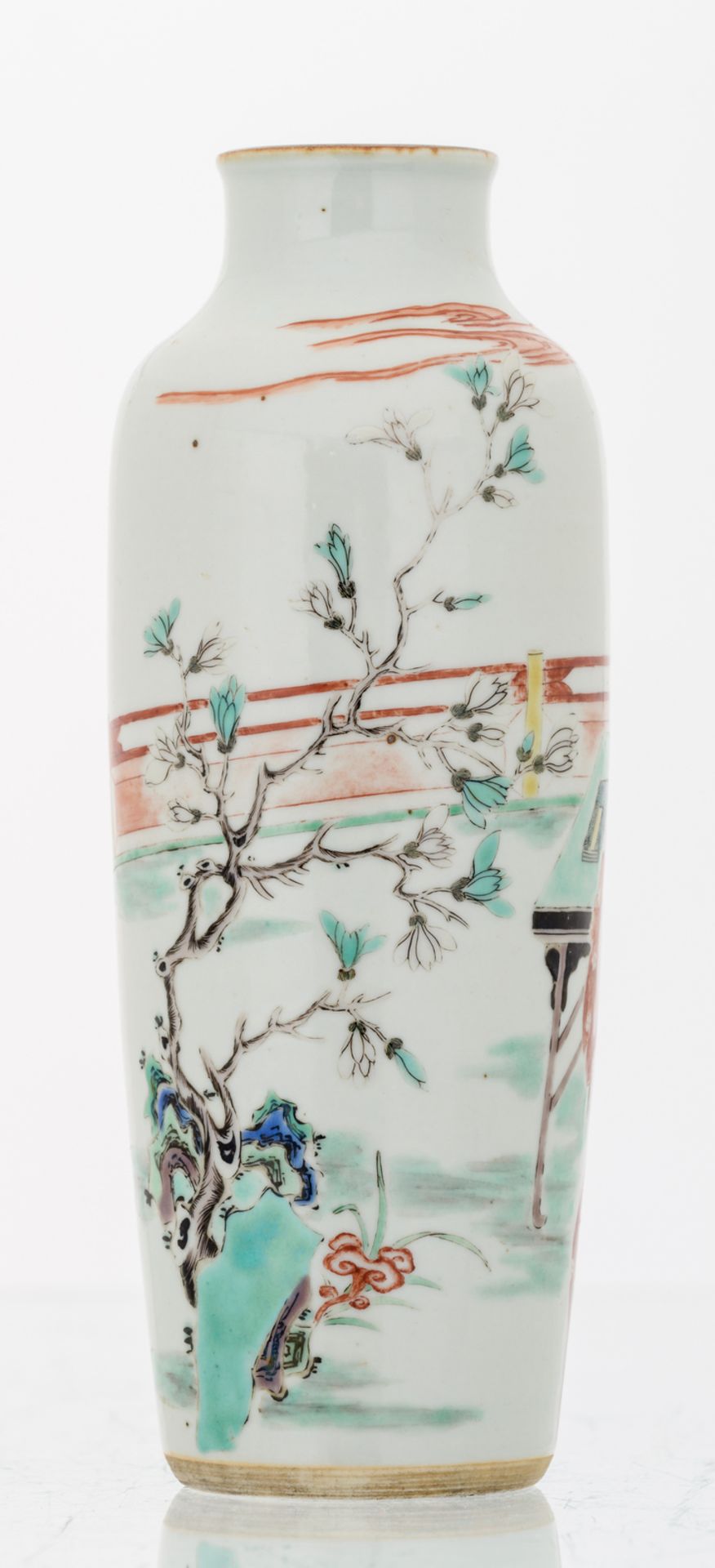 A Chinese famille verte cylindrical vase, overall decorated with a garden scene, H 22 cm - Image 3 of 6