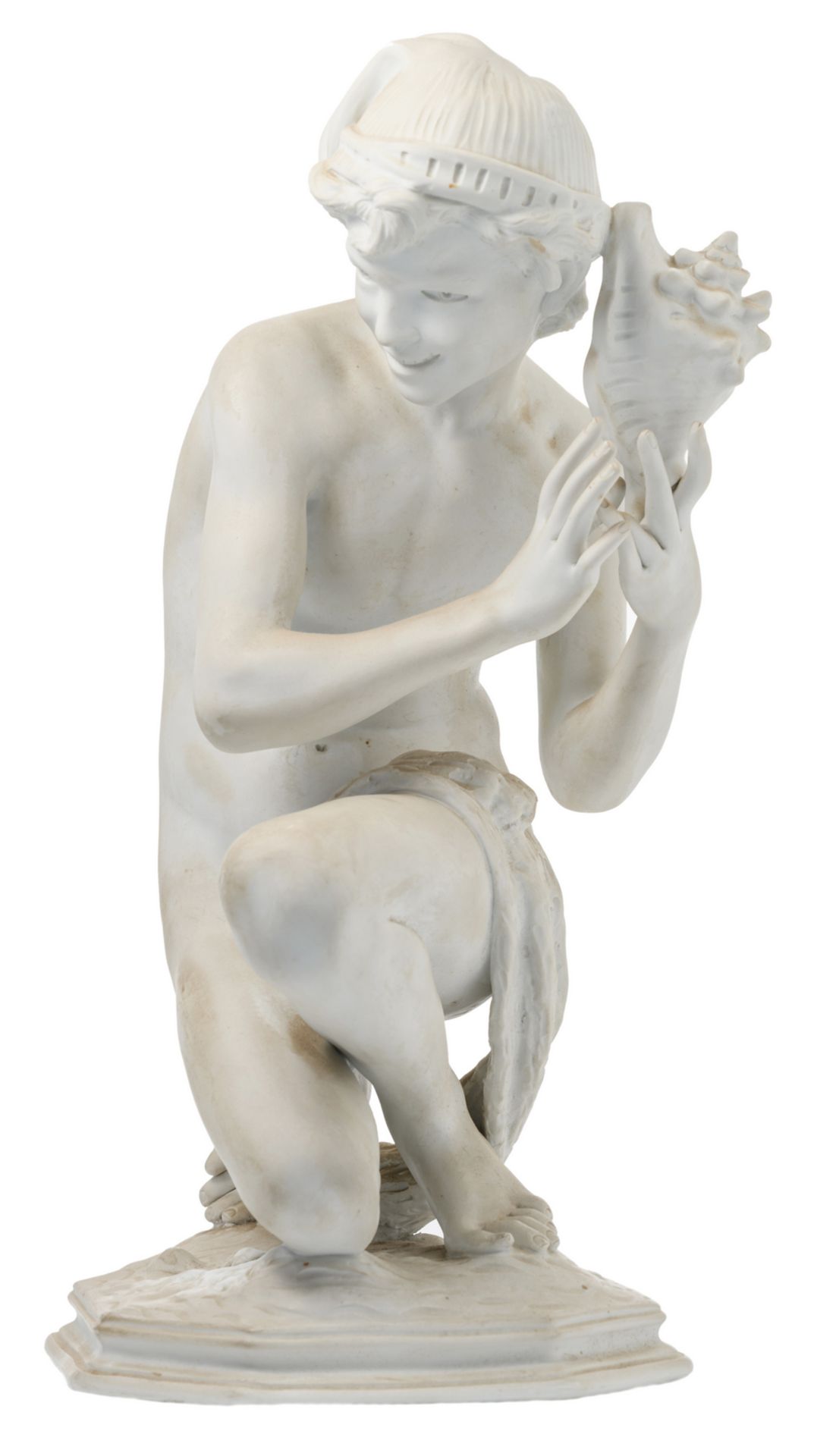 Carpeaux J.B. (after), 'Pêcheur napolitain à  la coquille' (the Neapolitan fisherboy), biscuit,