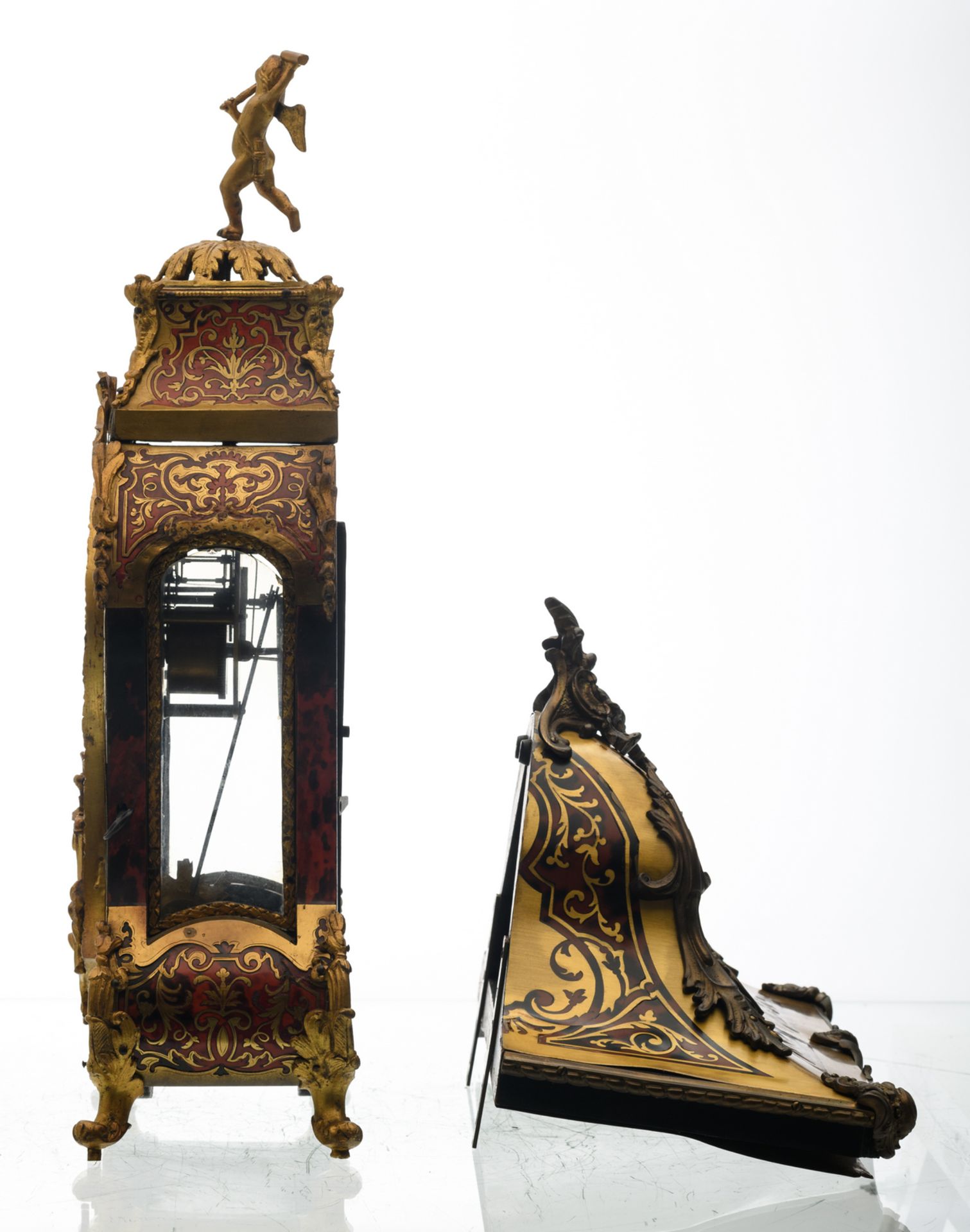 A 19thC Rococo style gilt bronze mounted Boulle cartel clock, marked 'Hybright Leamington', H 72,5 - Image 3 of 8