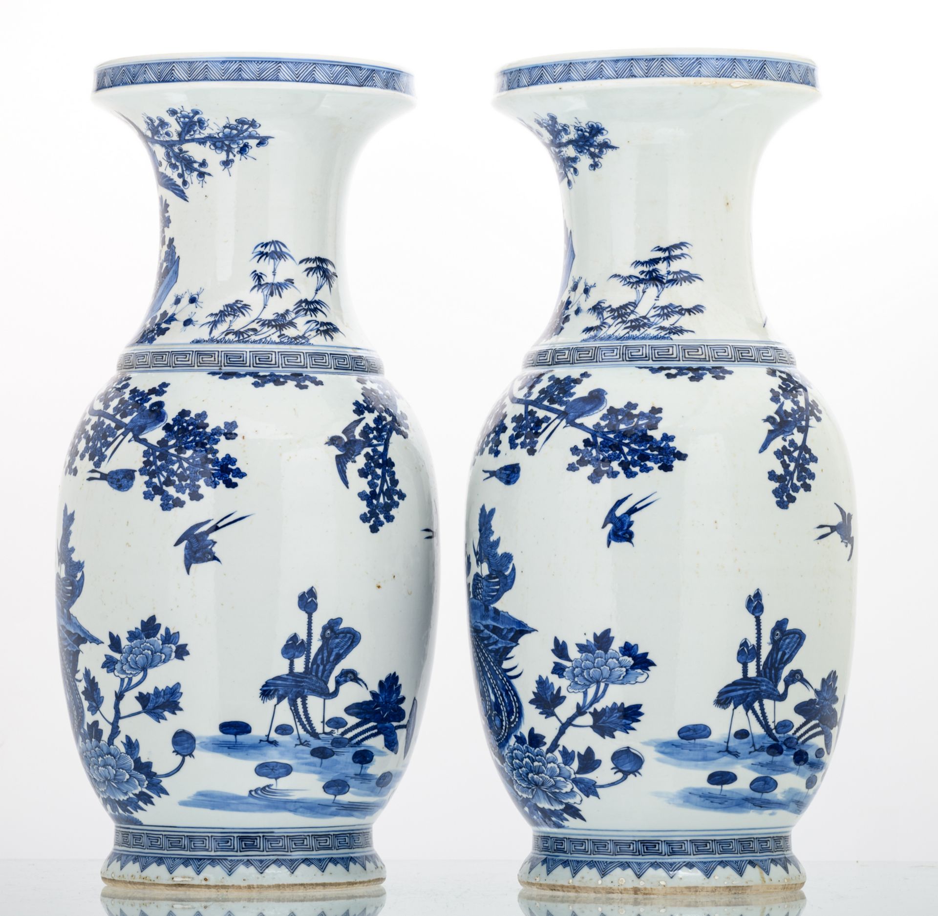 Two Chinese blue and white decorated vases with rocks, phoenix, birds and flower branches, H 65,5 - Image 2 of 6