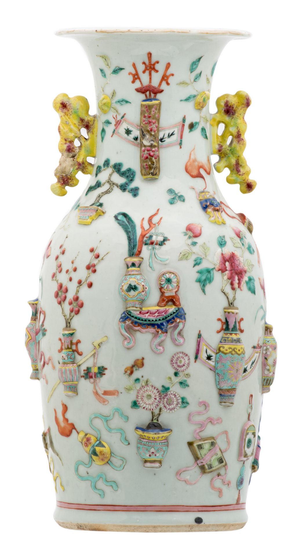 A Chinese famille rose and relief decorated vase with antiquities, flower branches and birds, 19thC,