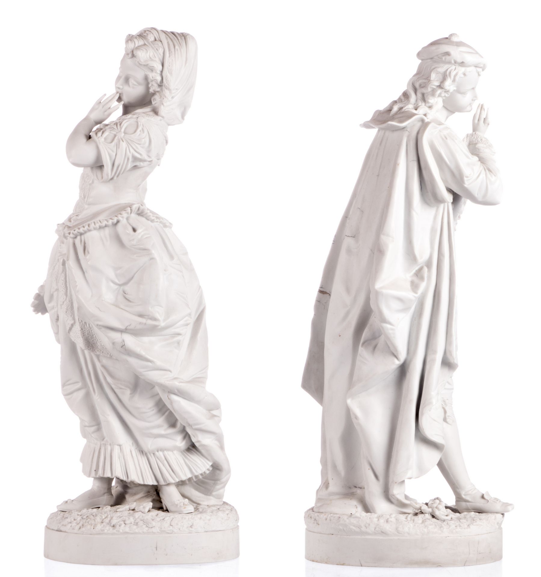 An elegant presumably French biscuit couple, third quarter of the 19thC, H 70,5 cm - Image 5 of 7