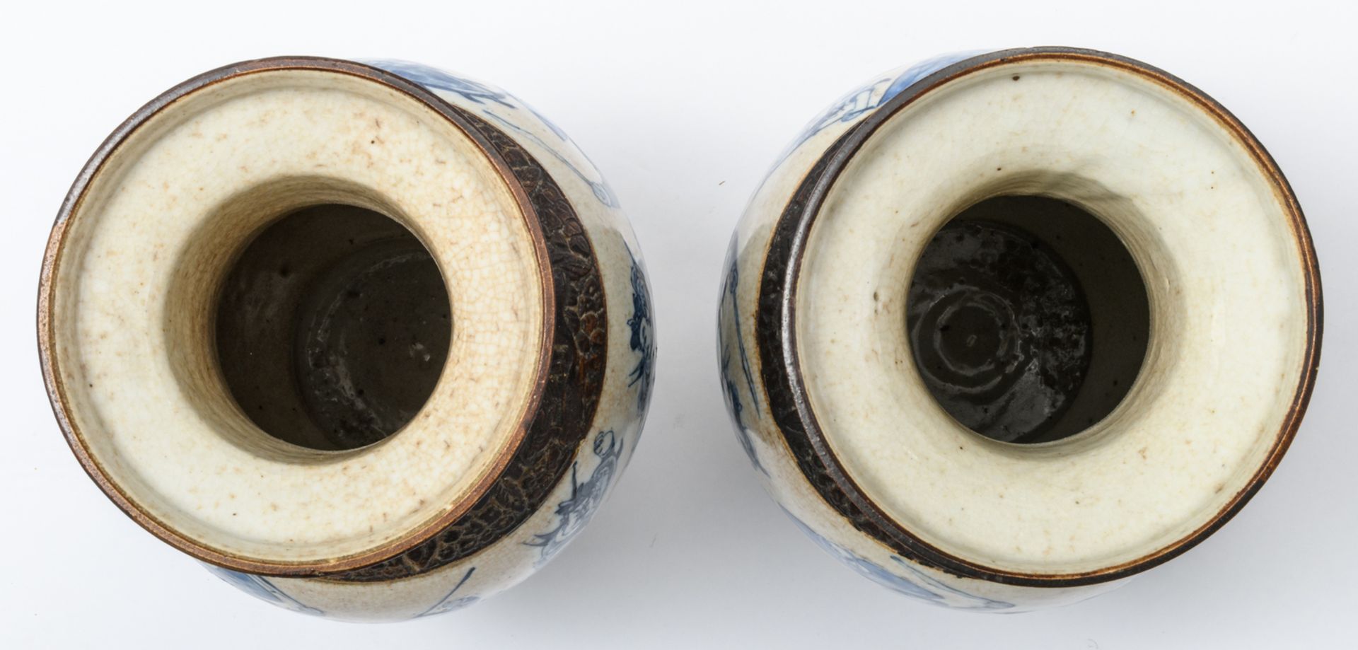 Two Chinese baluster shaped stoneware vases, blue and white decorated with warriors, marked, about - Image 5 of 6