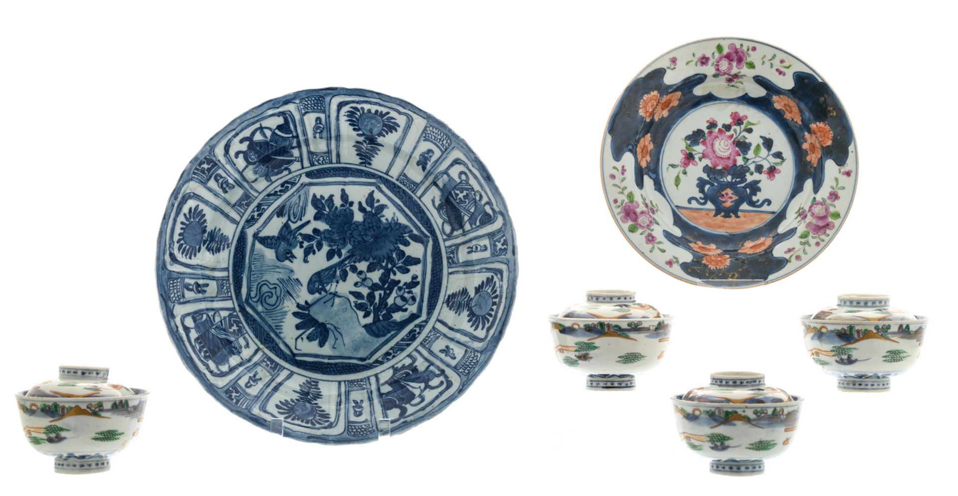 A Chinese blue and white and famille rose floral decorated dish, 18thC; added a ditto blue and white