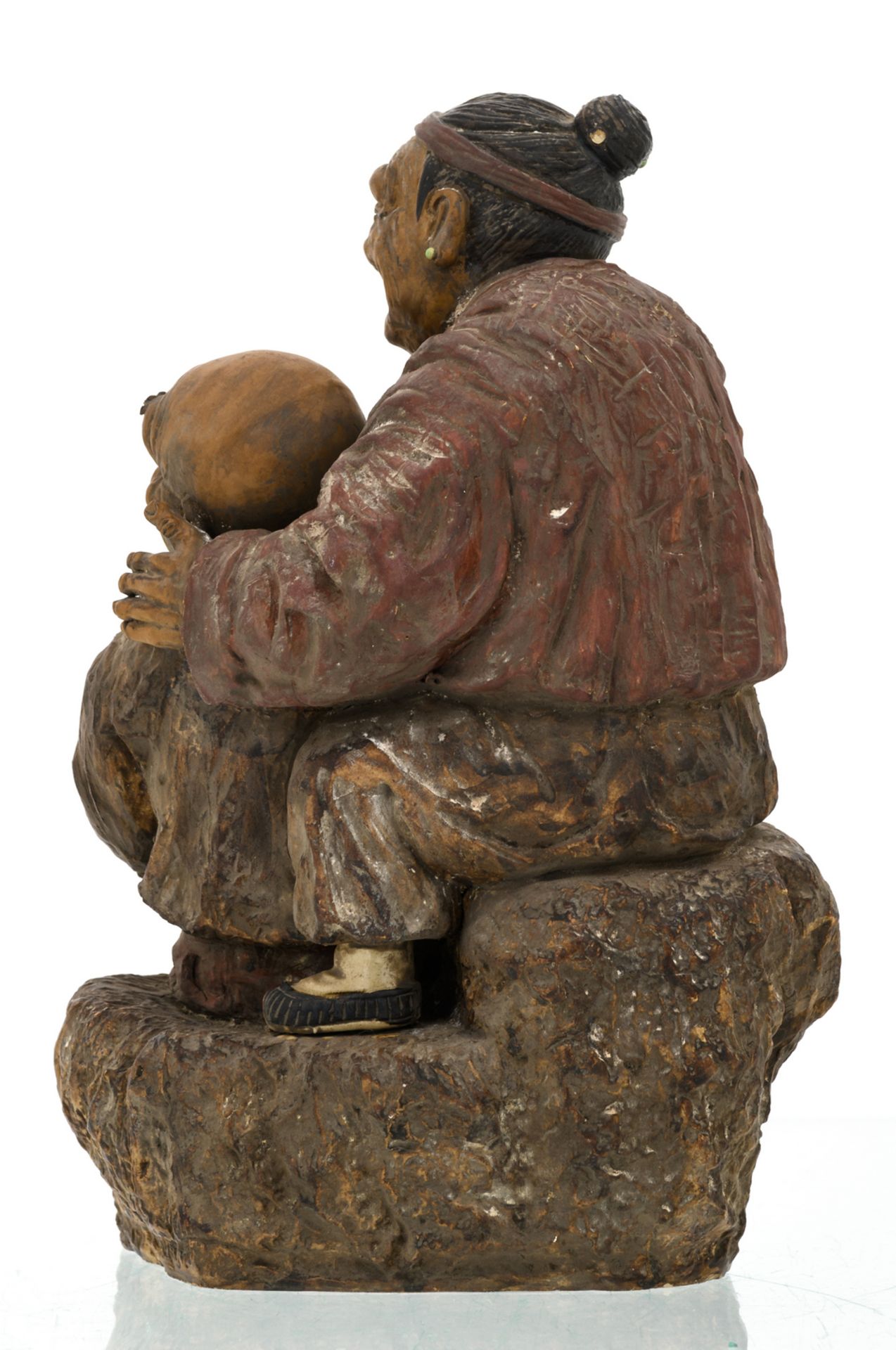 A Chinese polychrome stoneware partially glazed group depicting two amused elderly people, marked, H - Image 4 of 8