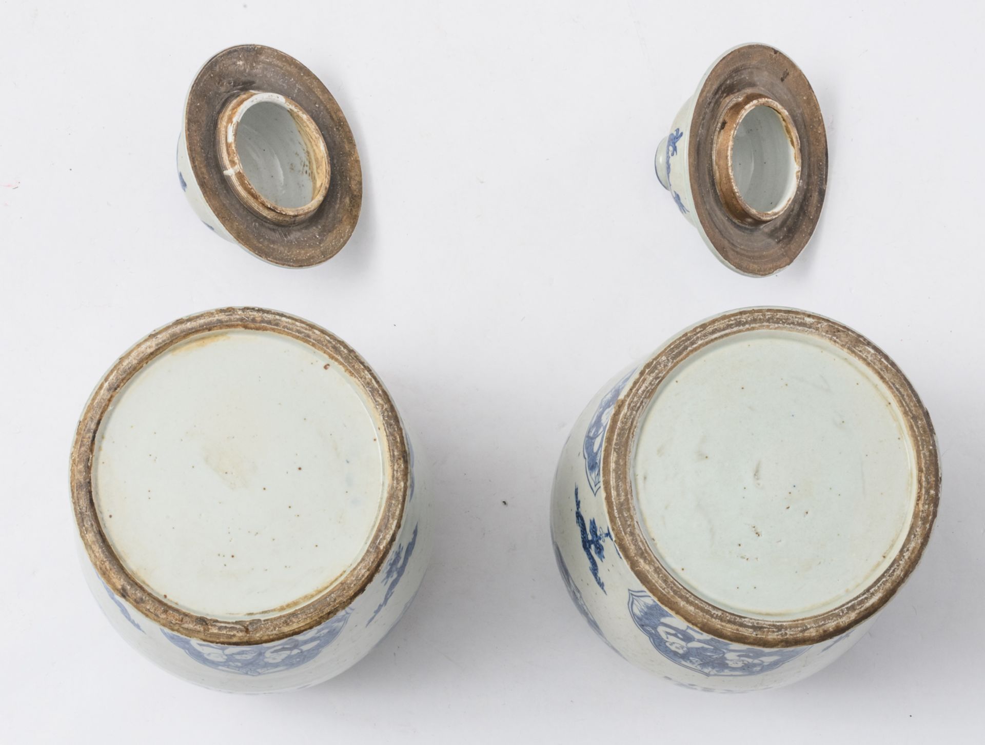 A pair of Chinese blue and white decorated vases and covers with auspicious symbols, the roundels - Image 6 of 6