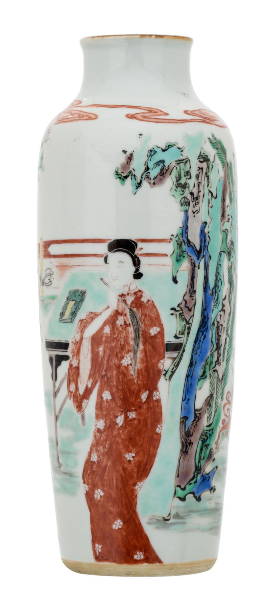 A Chinese famille verte cylindrical vase, overall decorated with a garden scene, H 22 cm