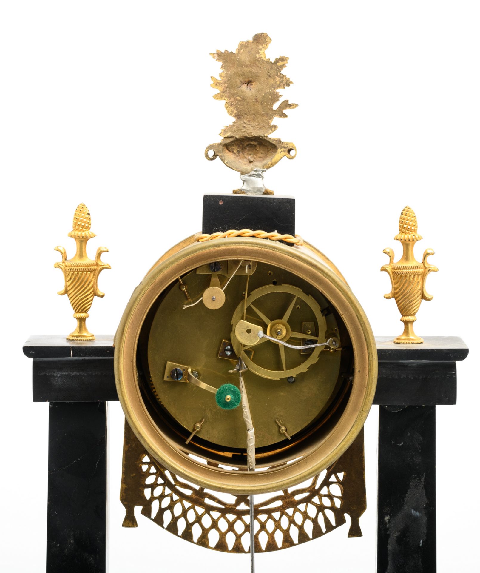 A French mid 19thC gilt bronze Neoclassical Rance and Portor marble portico clock, H 44 cm - W 25, - Image 7 of 12