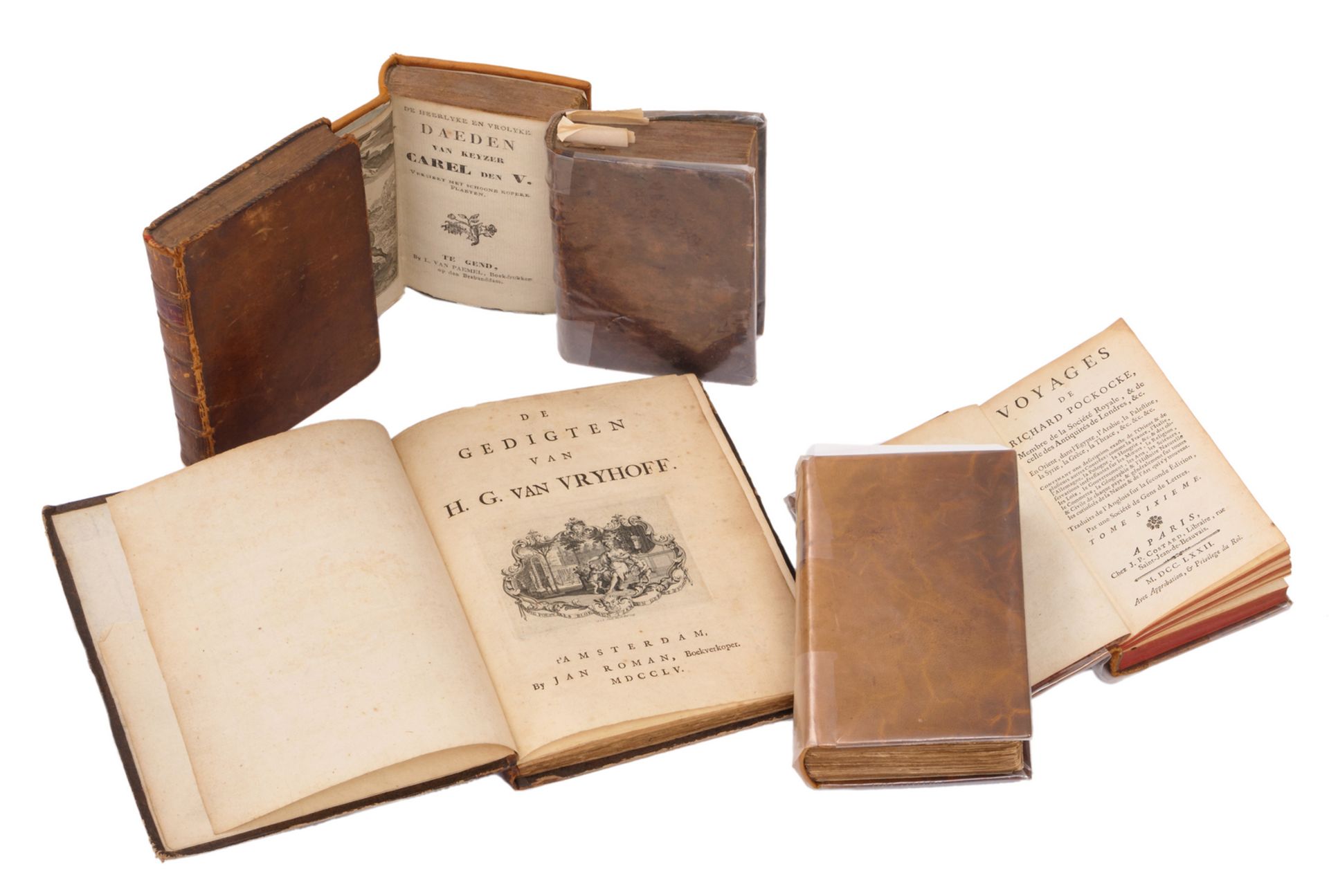 Six 17th, 18th and 19thC books, including: 'De gedichten van H.G. van Vryhoff' (Amsterdam, Jan