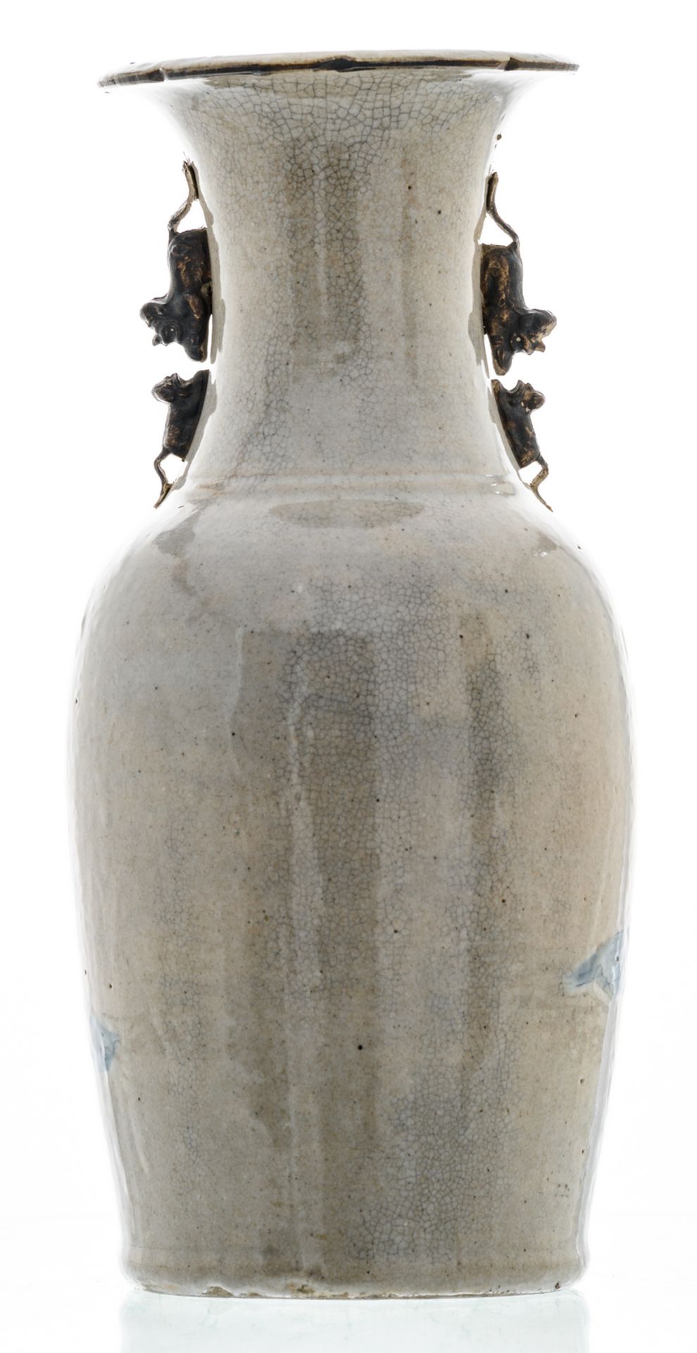 A Chinese grey celadon ground blue and white decorated stoneware vase with figures in a - Image 3 of 6