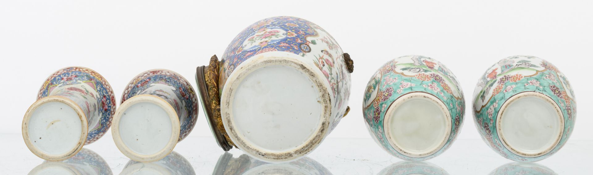 A pair of Chinese turquoise ground famille rose floral decorated ginger jars and covers, the - Image 6 of 8