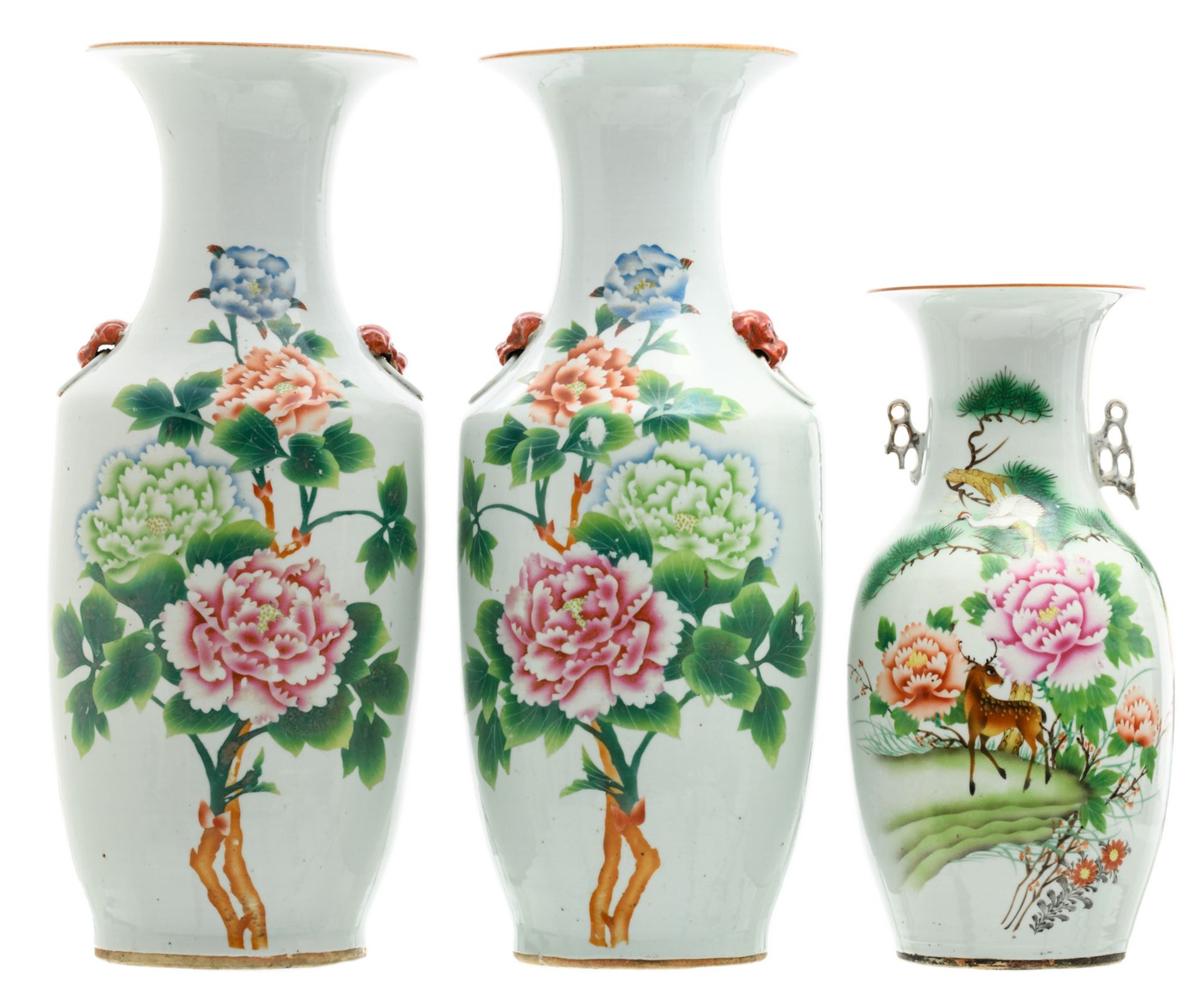 A pair of Chinese polychrome decorated vases with flower branches and calligraphic texts; added a