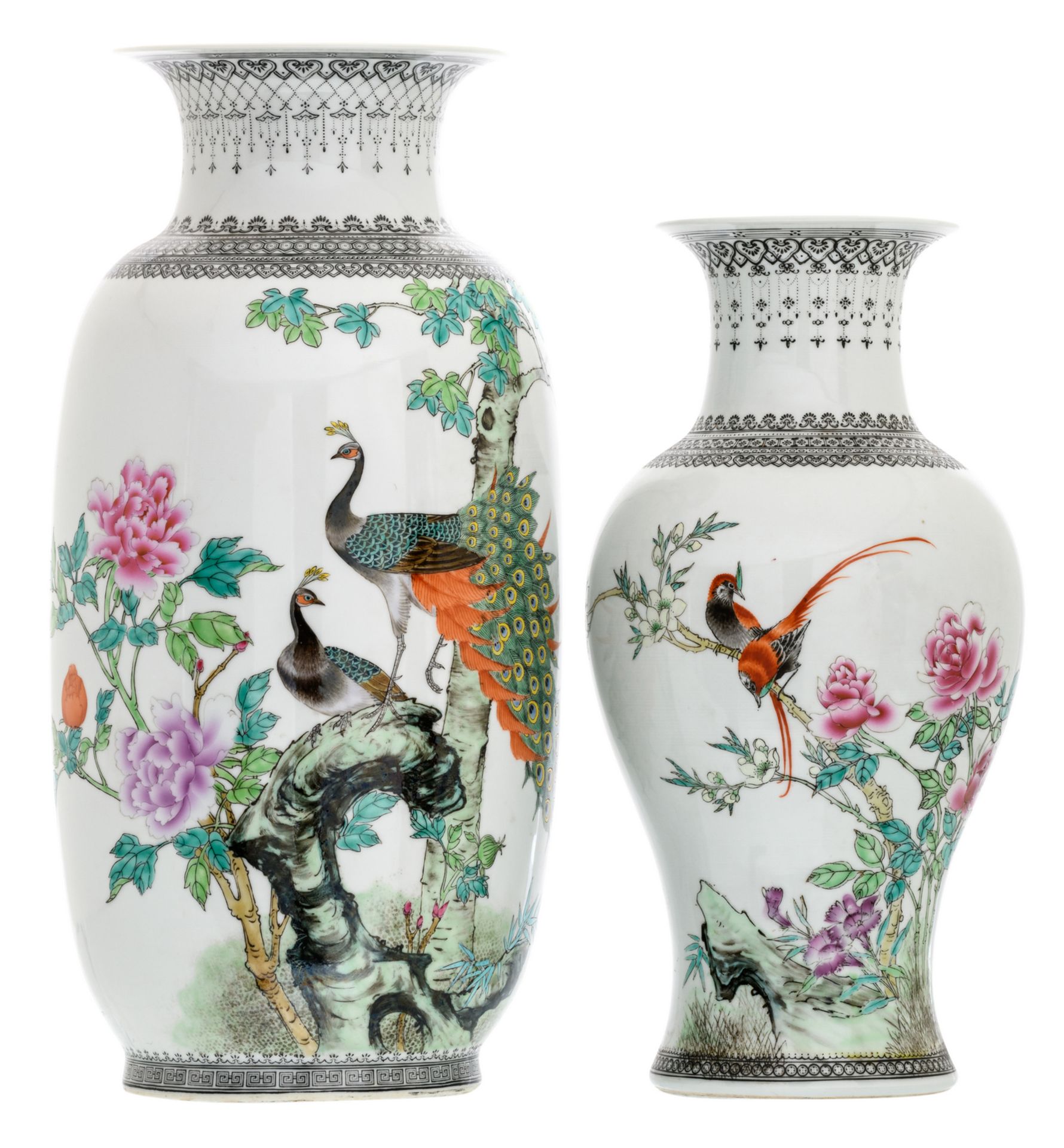 A Chinese famille rose vase and baluster shaped vase, decorated with birds, flower branches and a