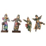 Four Chinese polychrome glazed stoneware figures, two figures on a matching wooden stand, H 25 -