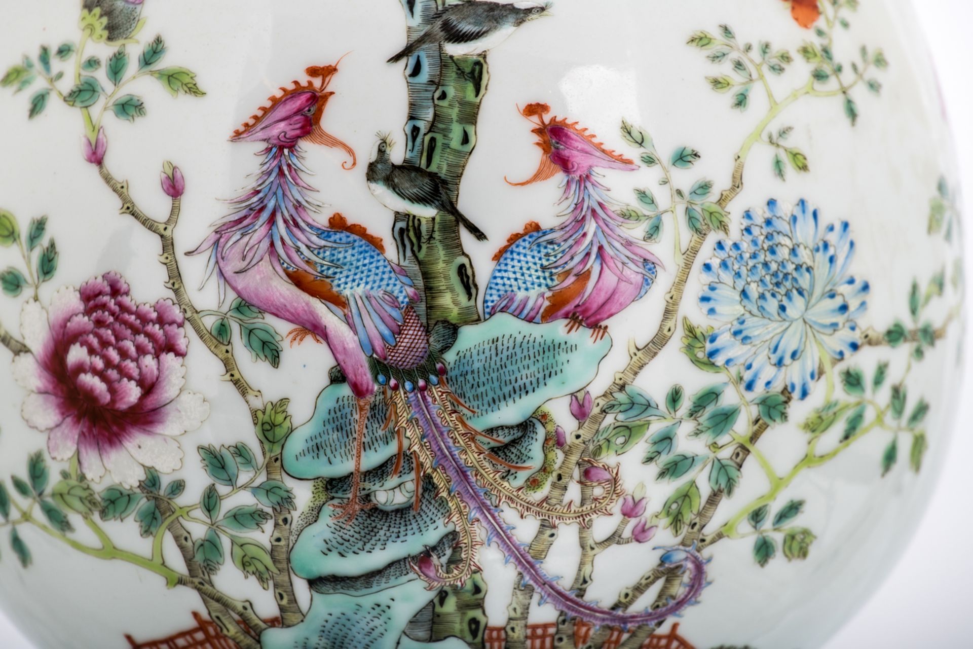 A Chinese famille rose decorated Hu vase with birds and flower branches, the handles deer head - Image 7 of 8