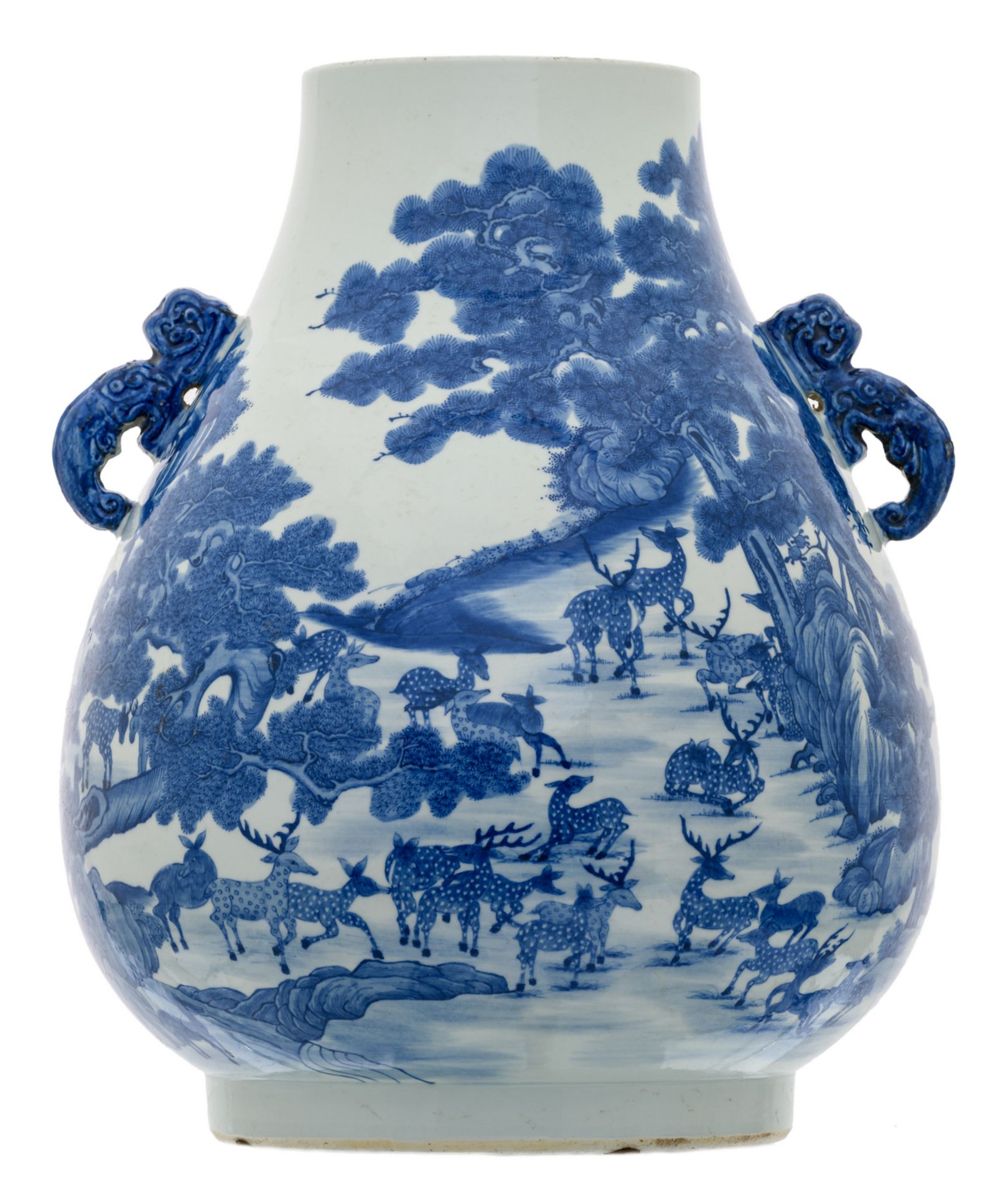 A Chinese blue and white hundred dear Hu vase with a Qianlong mark, H 45,5 cm