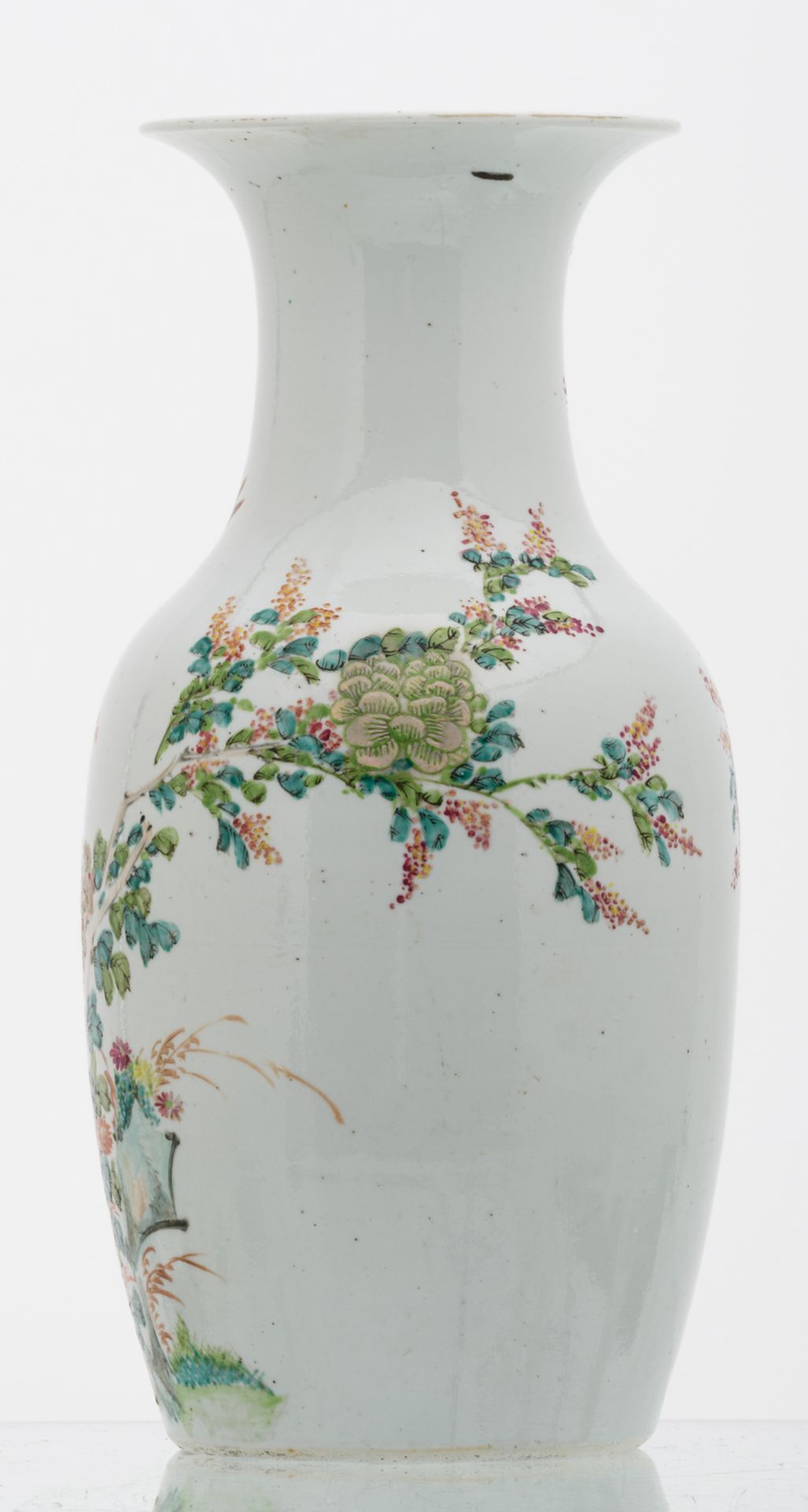 A Chinese polychrome decorated vase with a bird on a flower branch, H 44 cm - Image 2 of 7