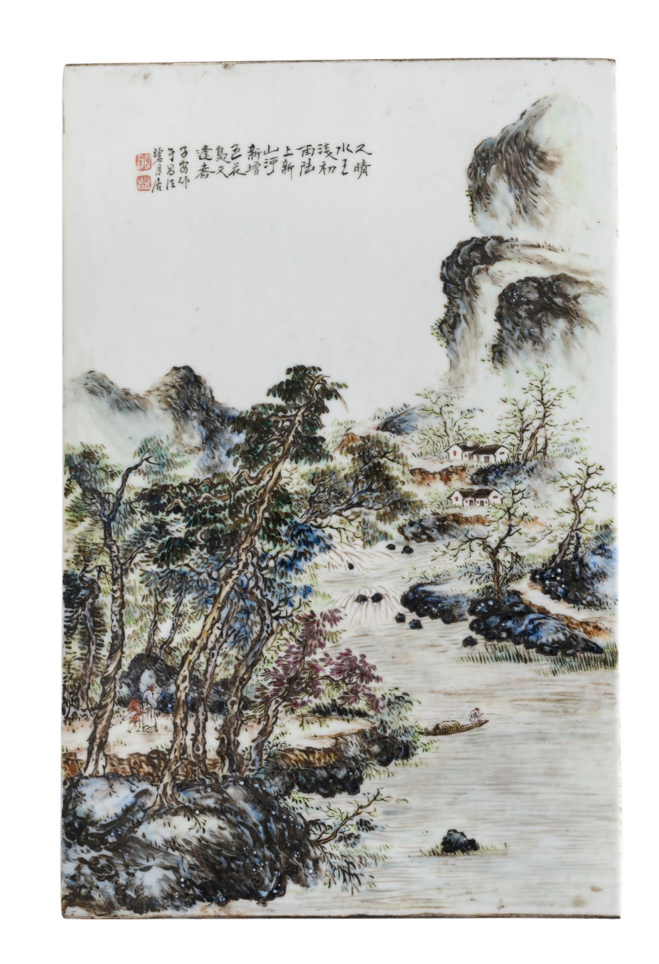 A Chinese polychrome decorated plaque with figures and a boat in a mountainous river, landscape,