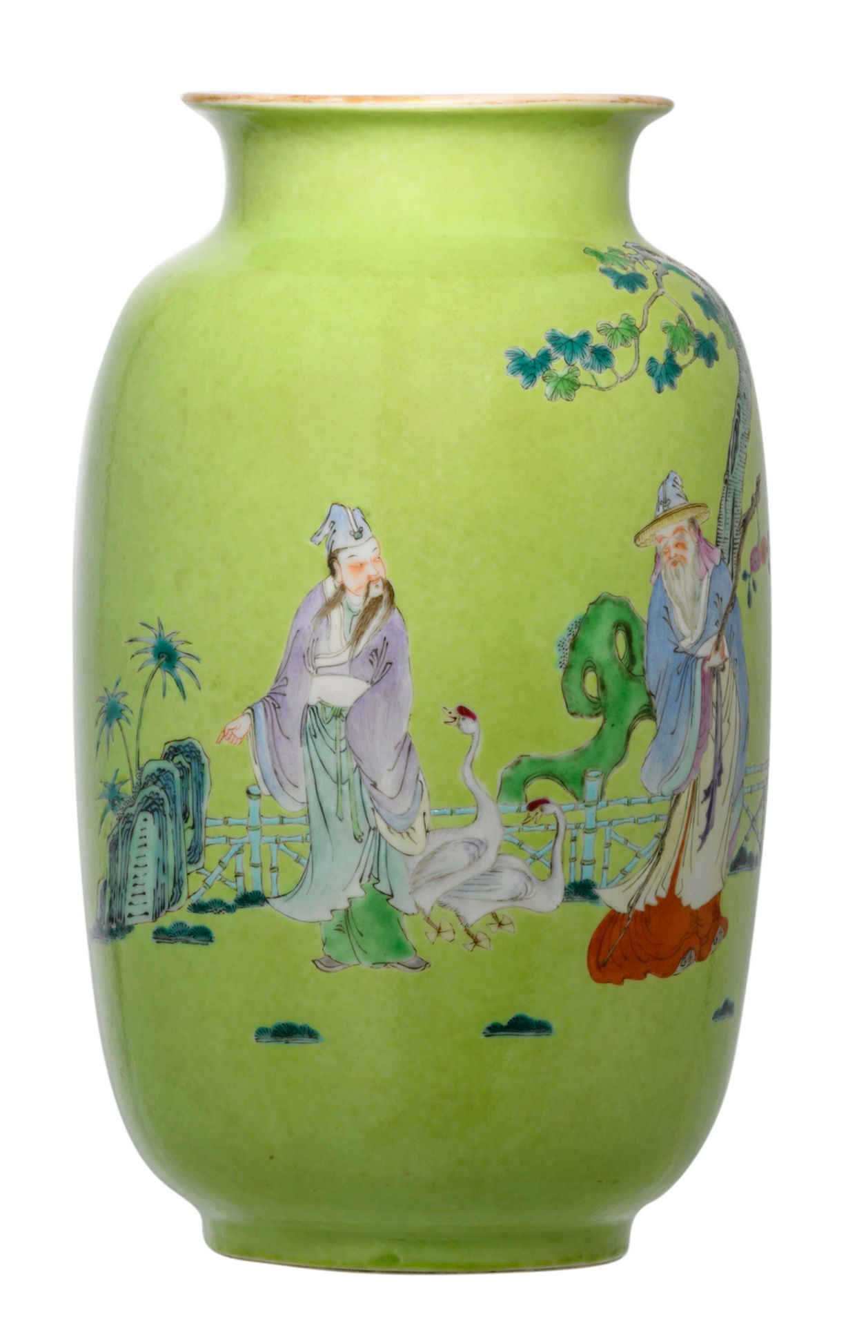 A Chinese lime-green ground decorated vase with savants in a garden, with a Yongzheng mark, H 29 cm