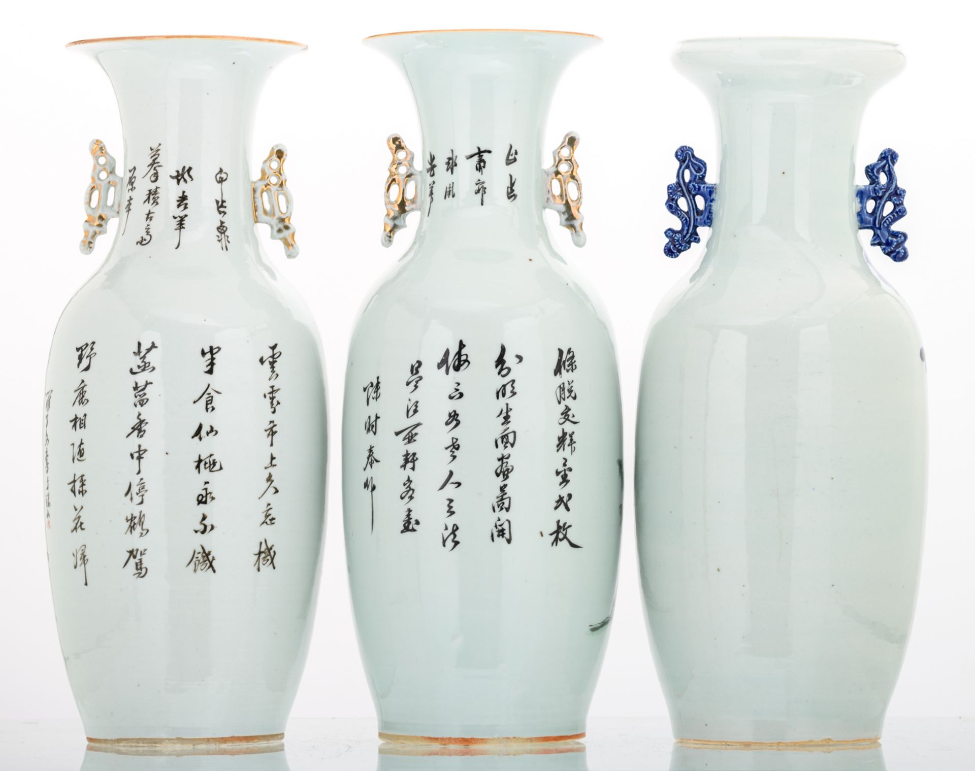 Two Chinese polychrome decorated vases with a gallant garden scene and calligraphic texts; added a - Image 3 of 8