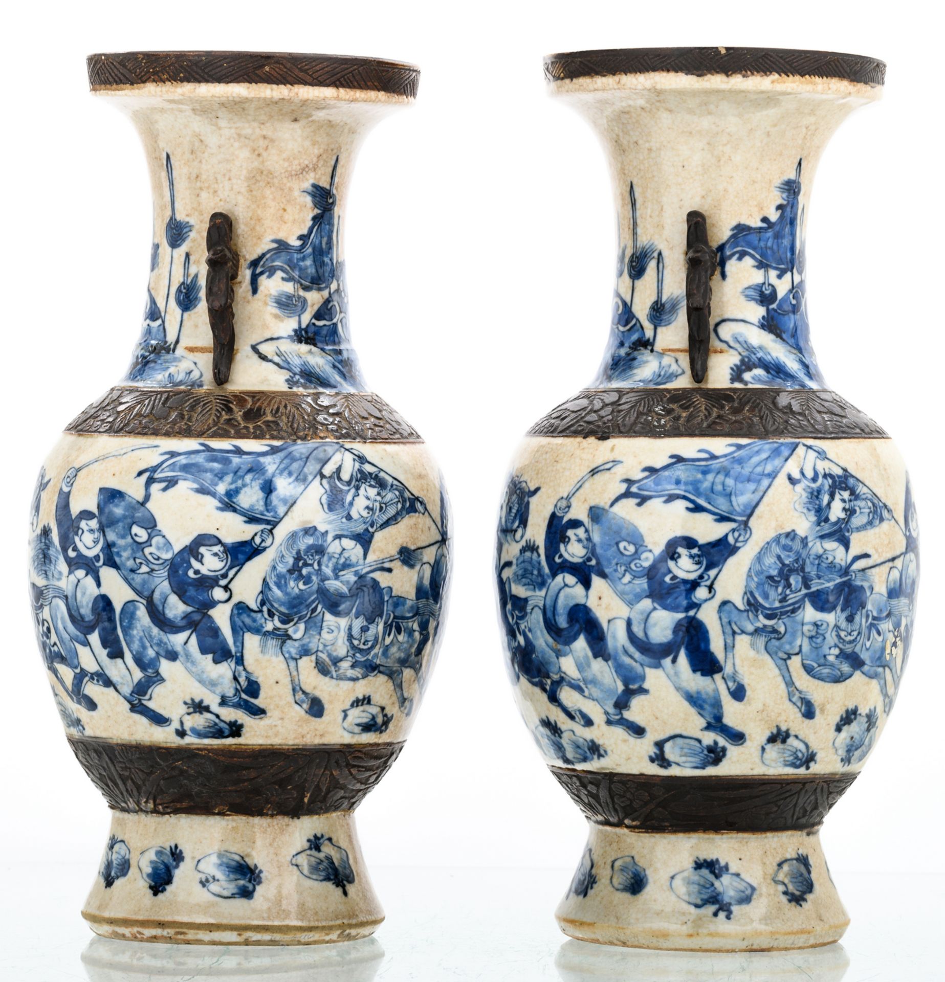 Two Chinese baluster shaped stoneware vases, blue and white decorated with warriors, marked, about - Image 2 of 6