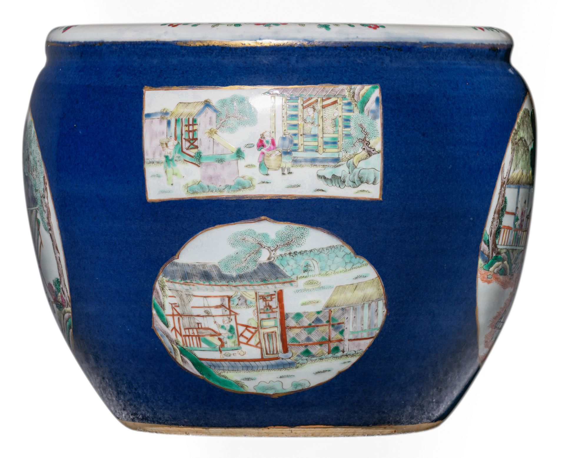 A Chinese bleu poudré jardiniere, the roundels famille verte, decorated with various animated scenes - Image 5 of 7