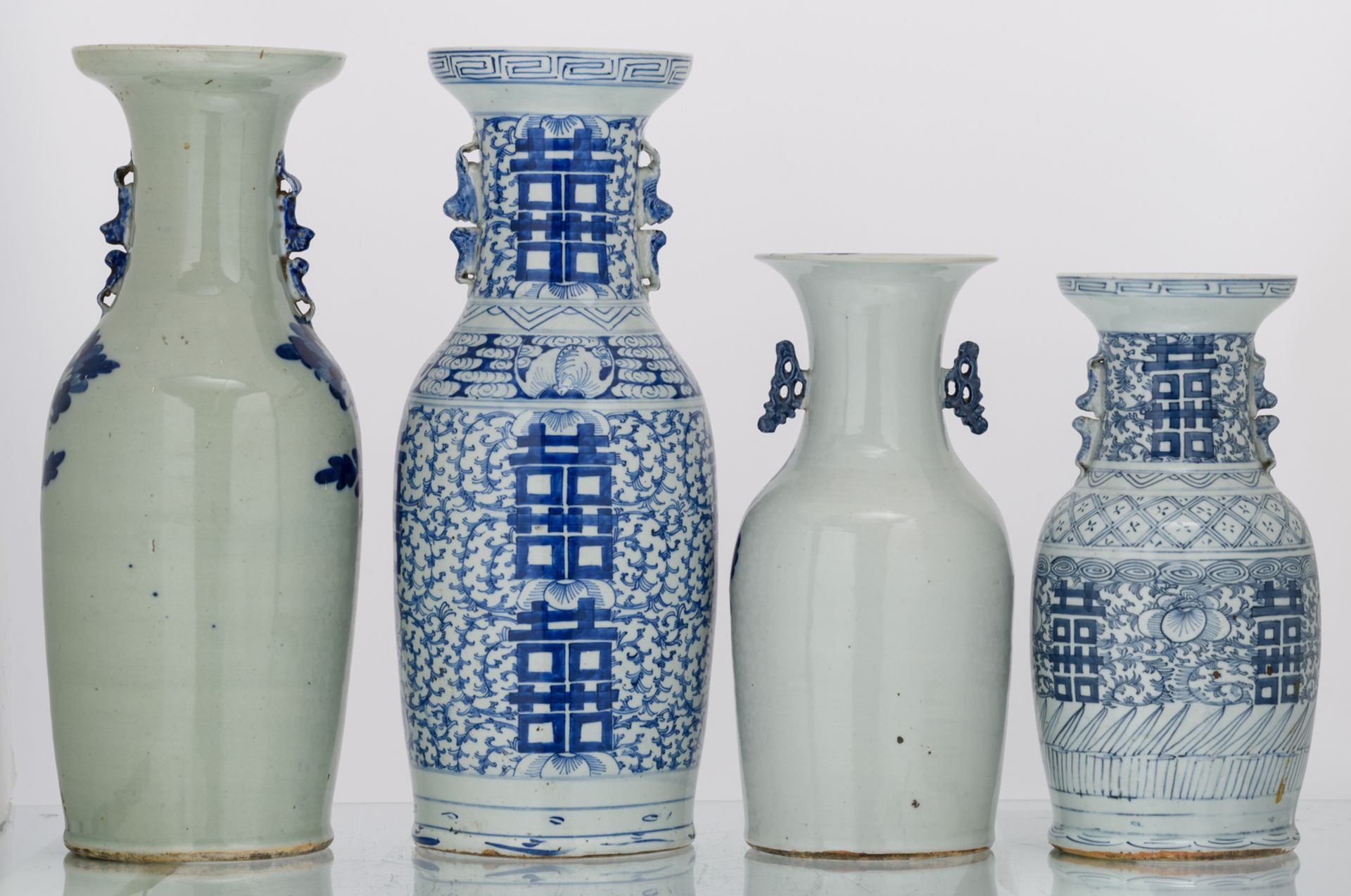 Four Chinese celadon ground vases, blue and white decorated with birds, flower branches and - Image 3 of 8