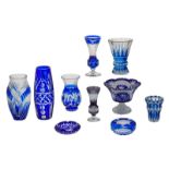 Ten blue overlay crystal cut decorative items and utensils, Val-Saint-Lambert, Bohemia,... H 7 -