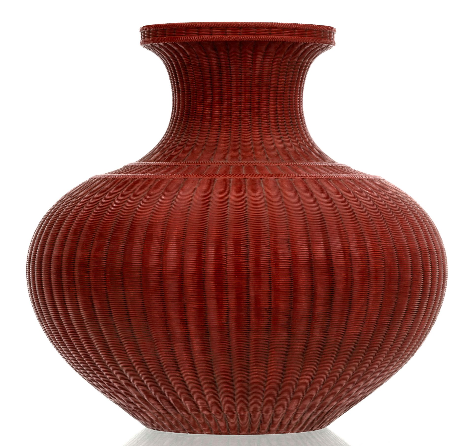 A fine Chinese red brown glazed reed basket shaped vase with a Yongzheng mark, H 40,5 cm - Image 3 of 7