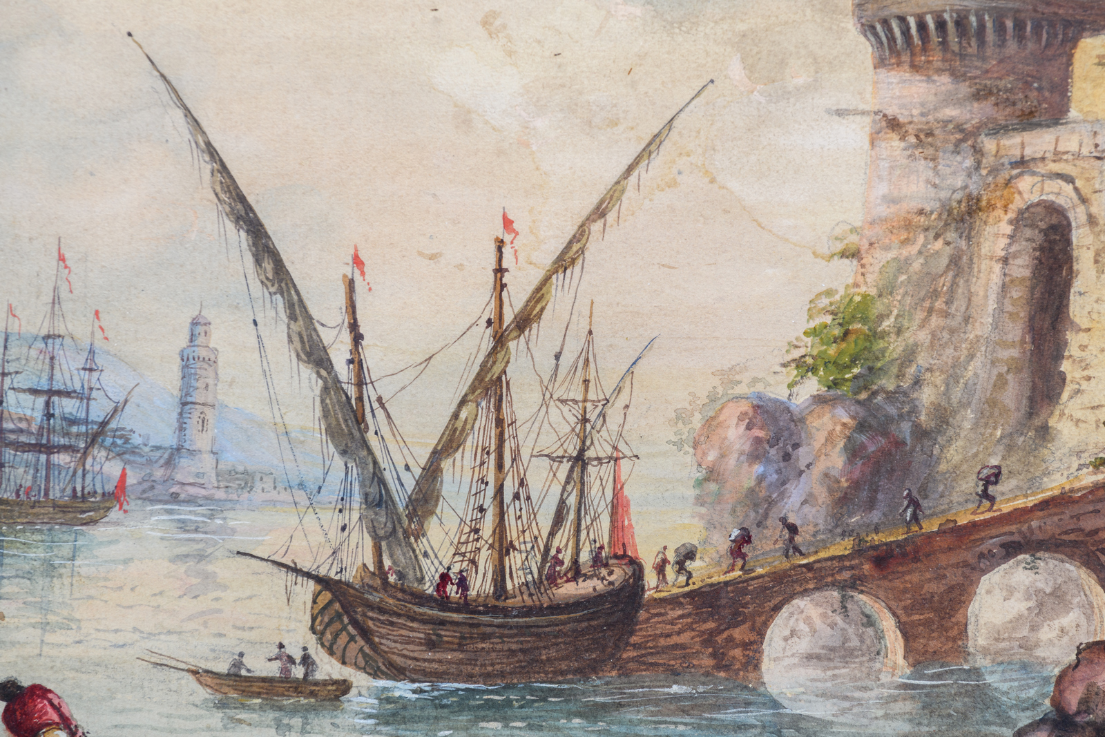 Unsigned, a view on a Mediterranian inner port, after an 18thC engraving, watercolour, 29 x 35 cm - Image 5 of 6