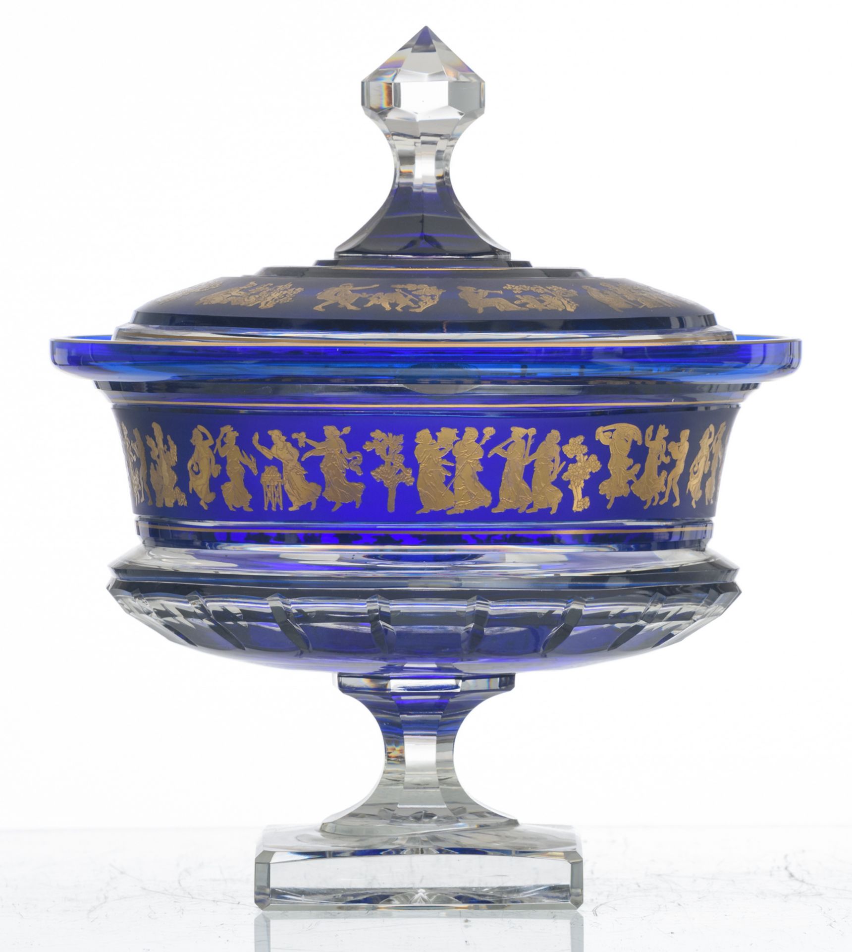 A decorative blue overlay Val-Saint-Lambert crystal cut bowl and cover on foot, relief decorated - Image 3 of 6