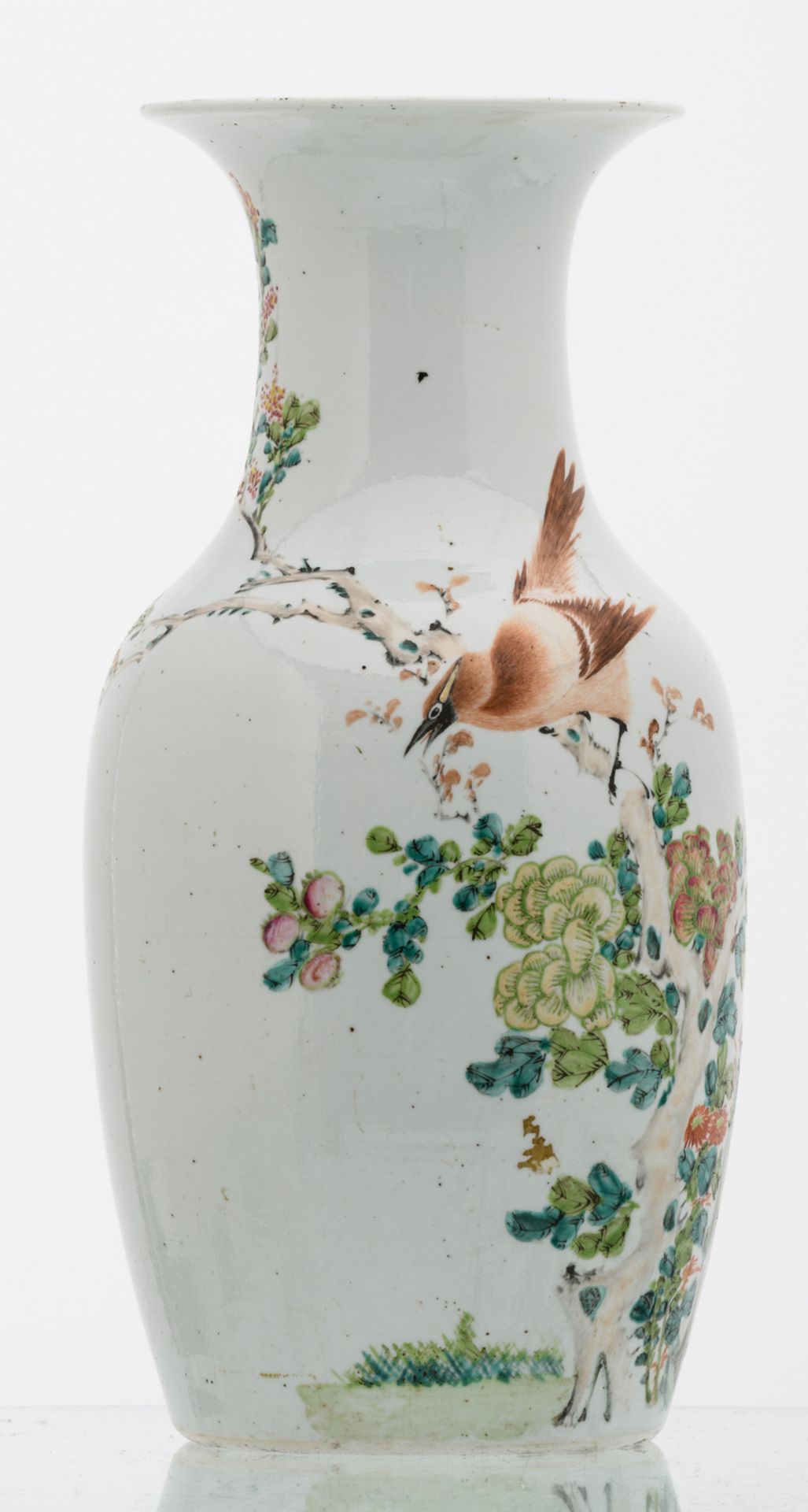 A Chinese polychrome decorated vase with a bird on a flower branch, H 44 cm - Image 4 of 7