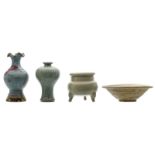 Two Chinese vases and a tripod incense burner in the jun ware manner, crackleware and celadon; added