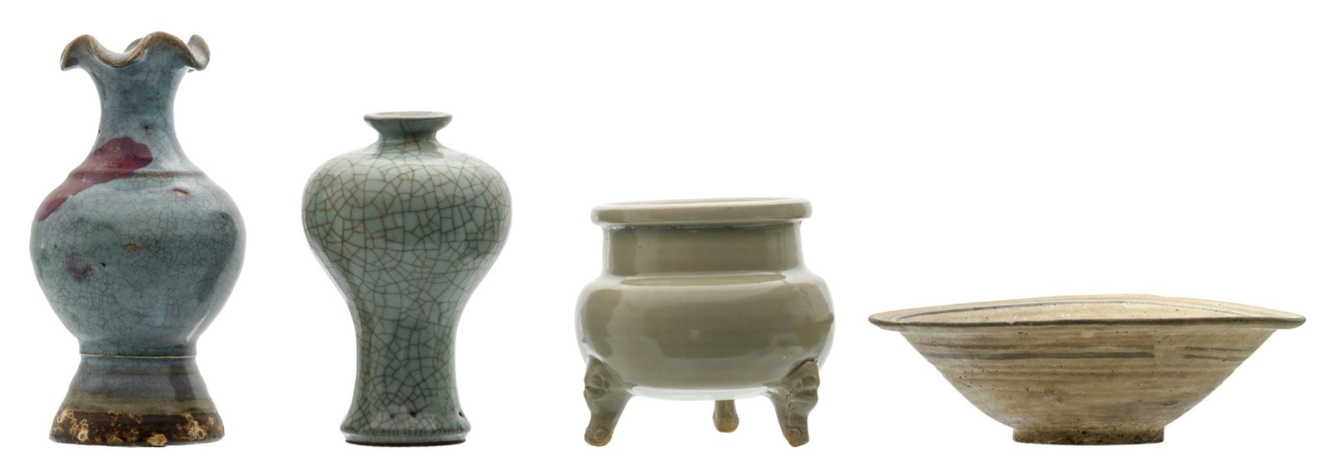 Two Chinese vases and a tripod incense burner in the jun ware manner, crackleware and celadon; added
