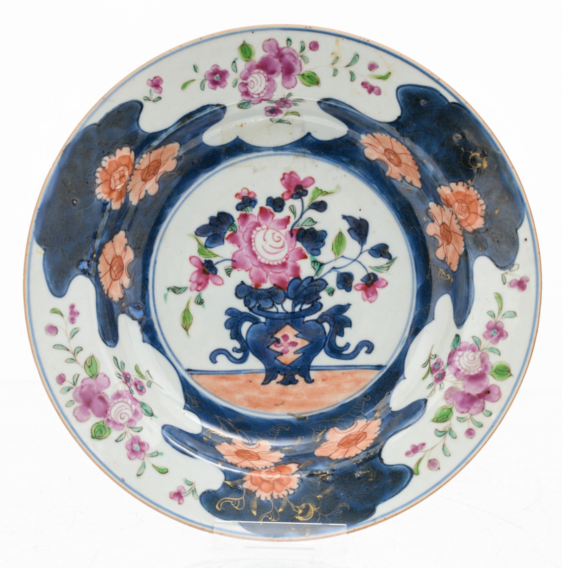 A Chinese blue and white and famille rose floral decorated dish, 18thC; added a ditto blue and white - Image 4 of 13