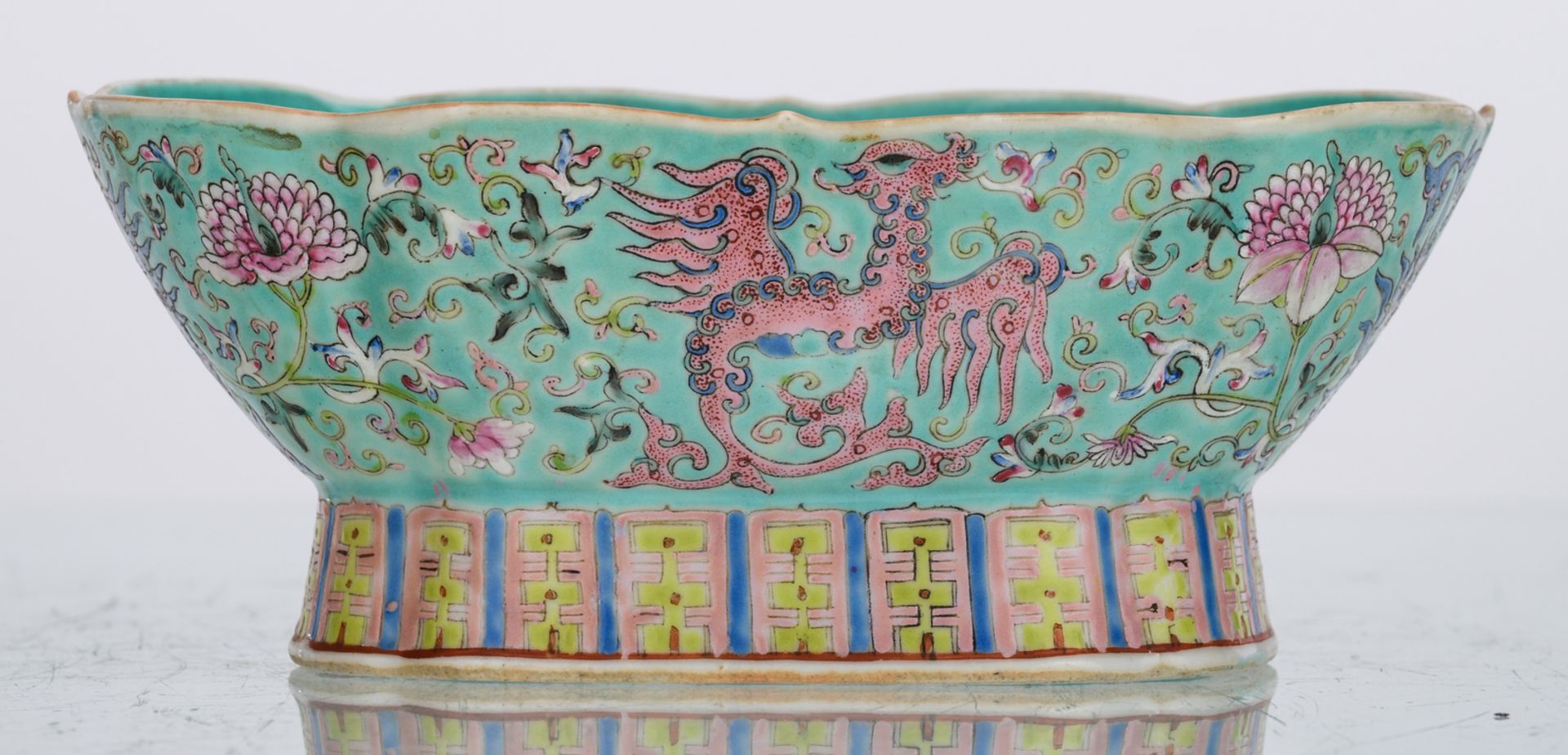 A Chinese oval lobed turquoise ground footed bowl, floral decorated with phoenix, H 10 - W 24,5 - - Image 2 of 7