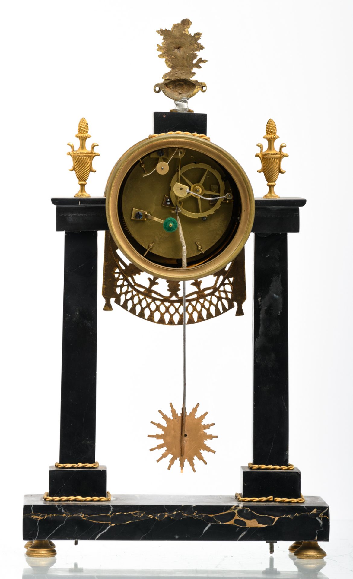 A French mid 19thC gilt bronze Neoclassical Rance and Portor marble portico clock, H 44 cm - W 25, - Image 3 of 12