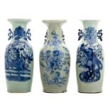 Three Chinese celadon ground blue and white decorated vases with a Fu lion, a phoenix and a deer,